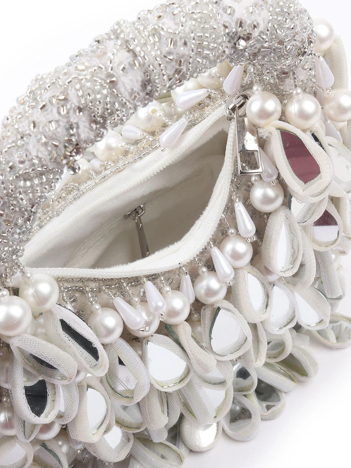 Odette Silver Suede Detailed With Beads And Mirror Work Hand Bag For Women - Image 6