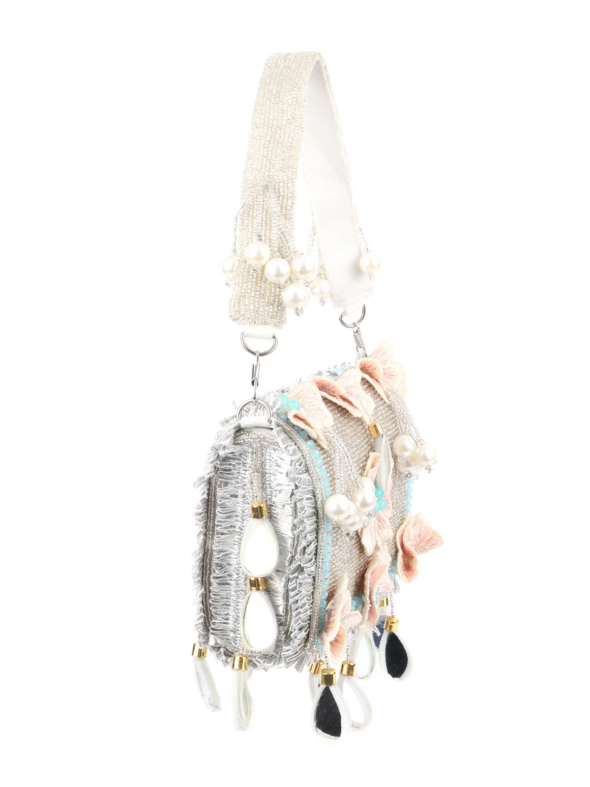 Odette Silver Suede Embellished Hand Bag For Women - Image 4