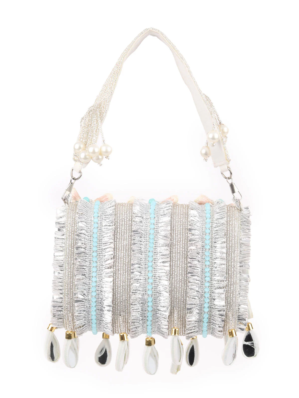 Odette Silver Suede Embellished Hand Bag For Women - Image 5