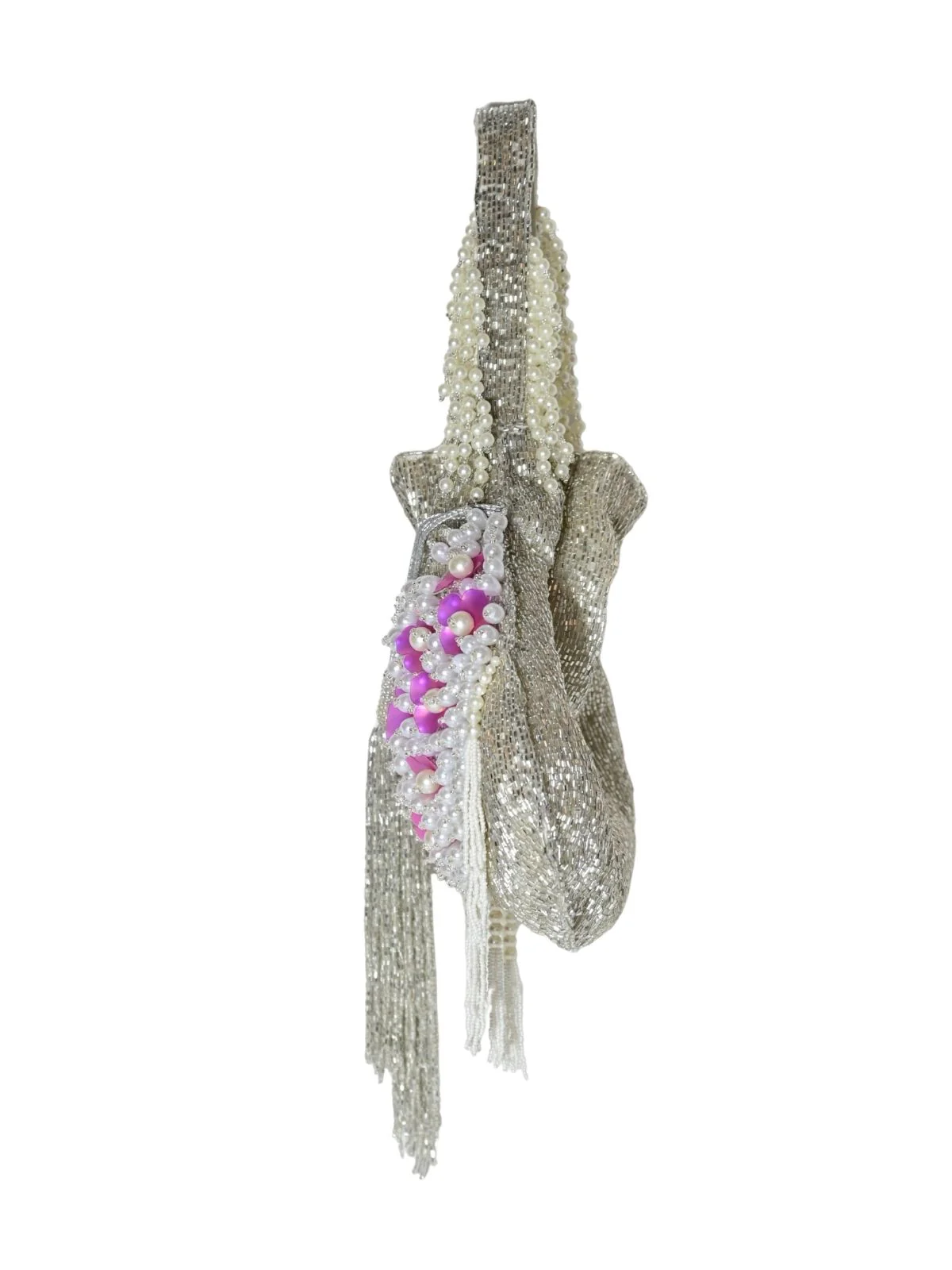 Odette Silver Suede Embellished Potli For Women - Image 5