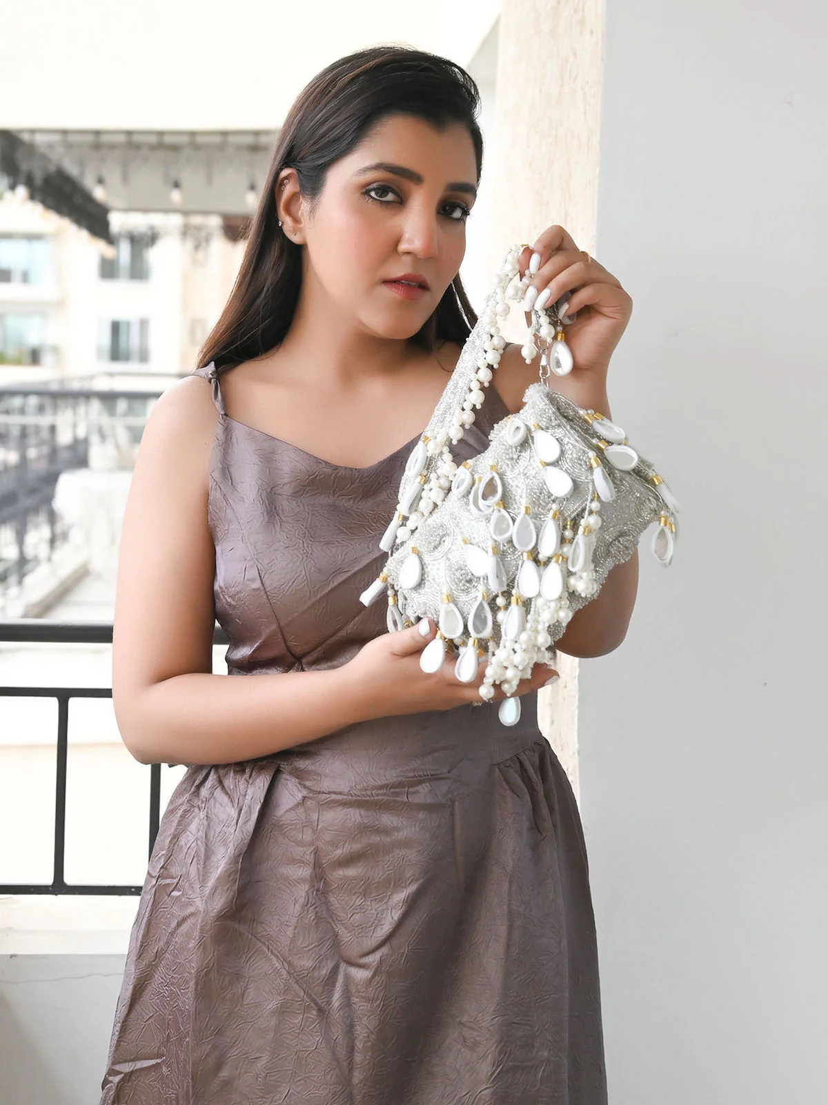 Odette Silver Suede With Cutdana, Beads And Mirror Work Tassels Hand Bag For Women - Image 2