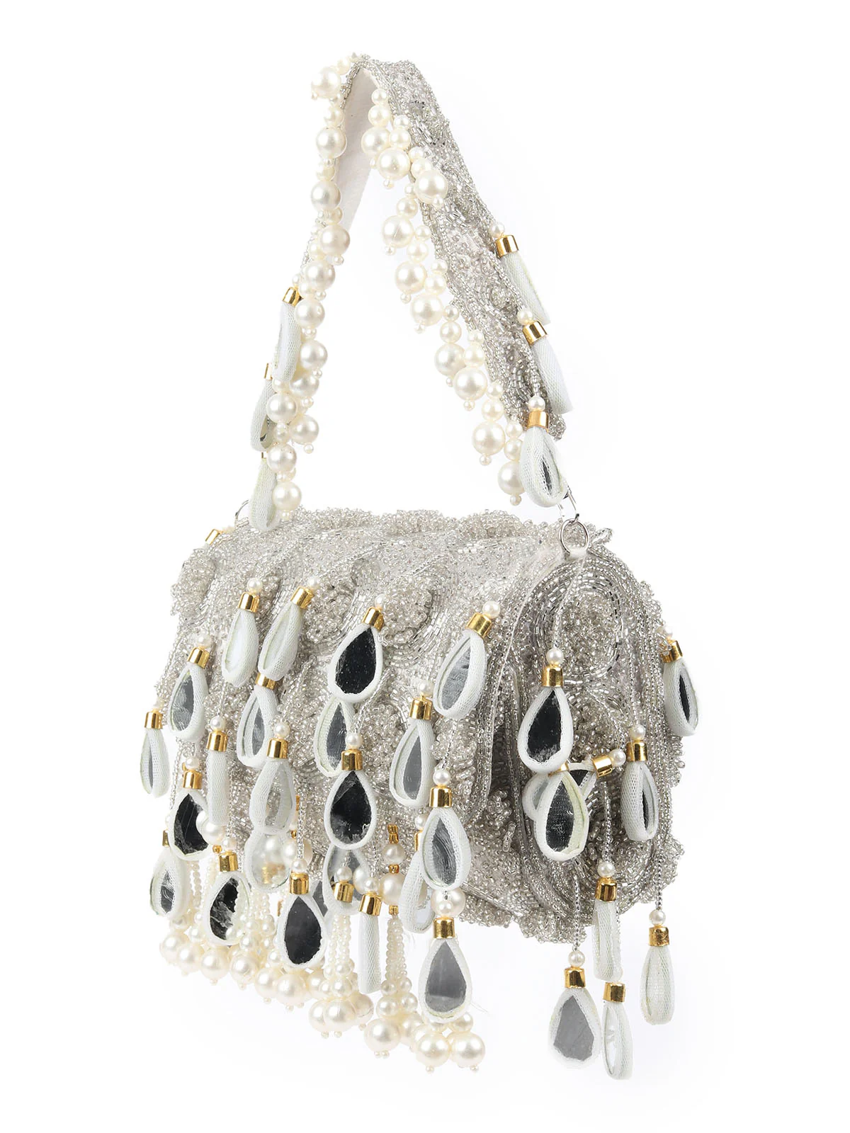 Odette Silver Suede With Cutdana, Beads And Mirror Work Tassels Hand Bag For Women - Image 4