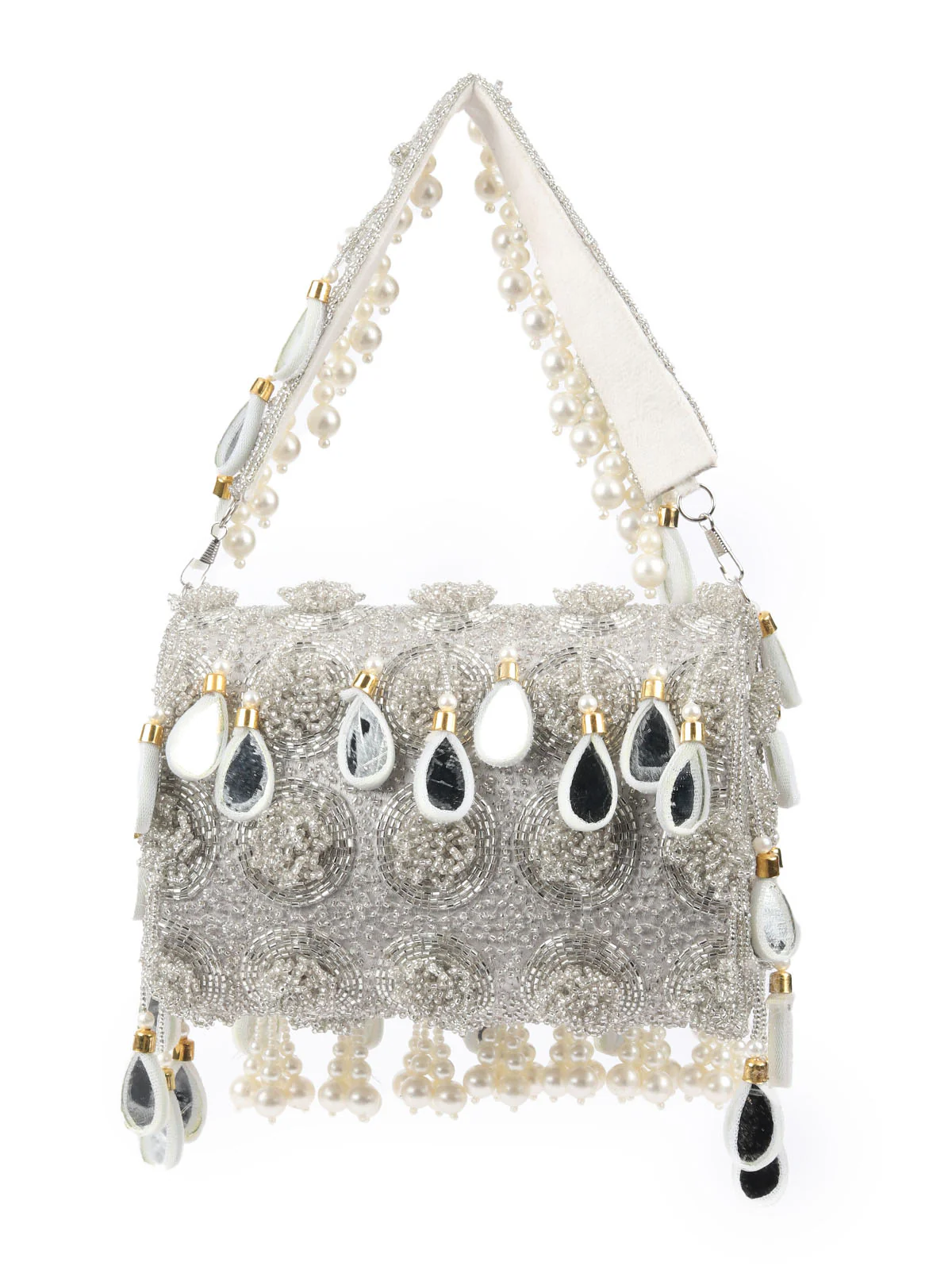 Odette Silver Suede With Cutdana, Beads And Mirror Work Tassels Hand Bag For Women - Image 5