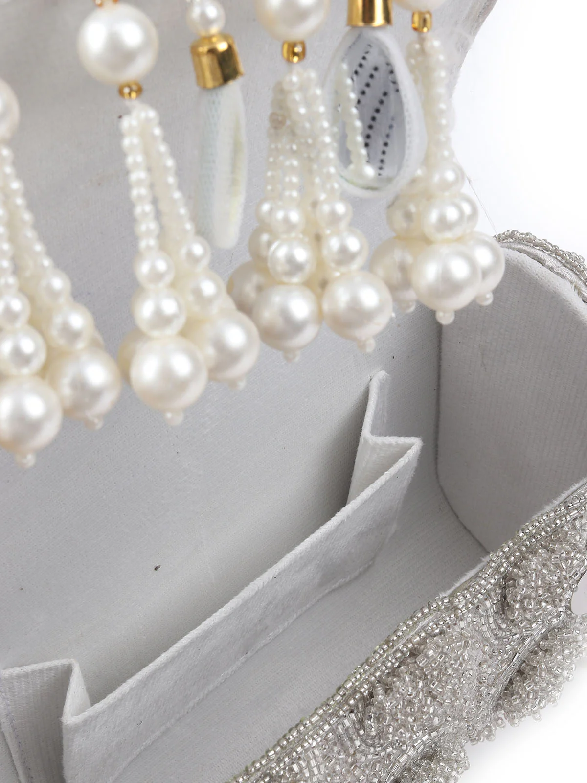 Odette Silver Suede With Cutdana, Beads And Mirror Work Tassels Hand Bag For Women - Image 6
