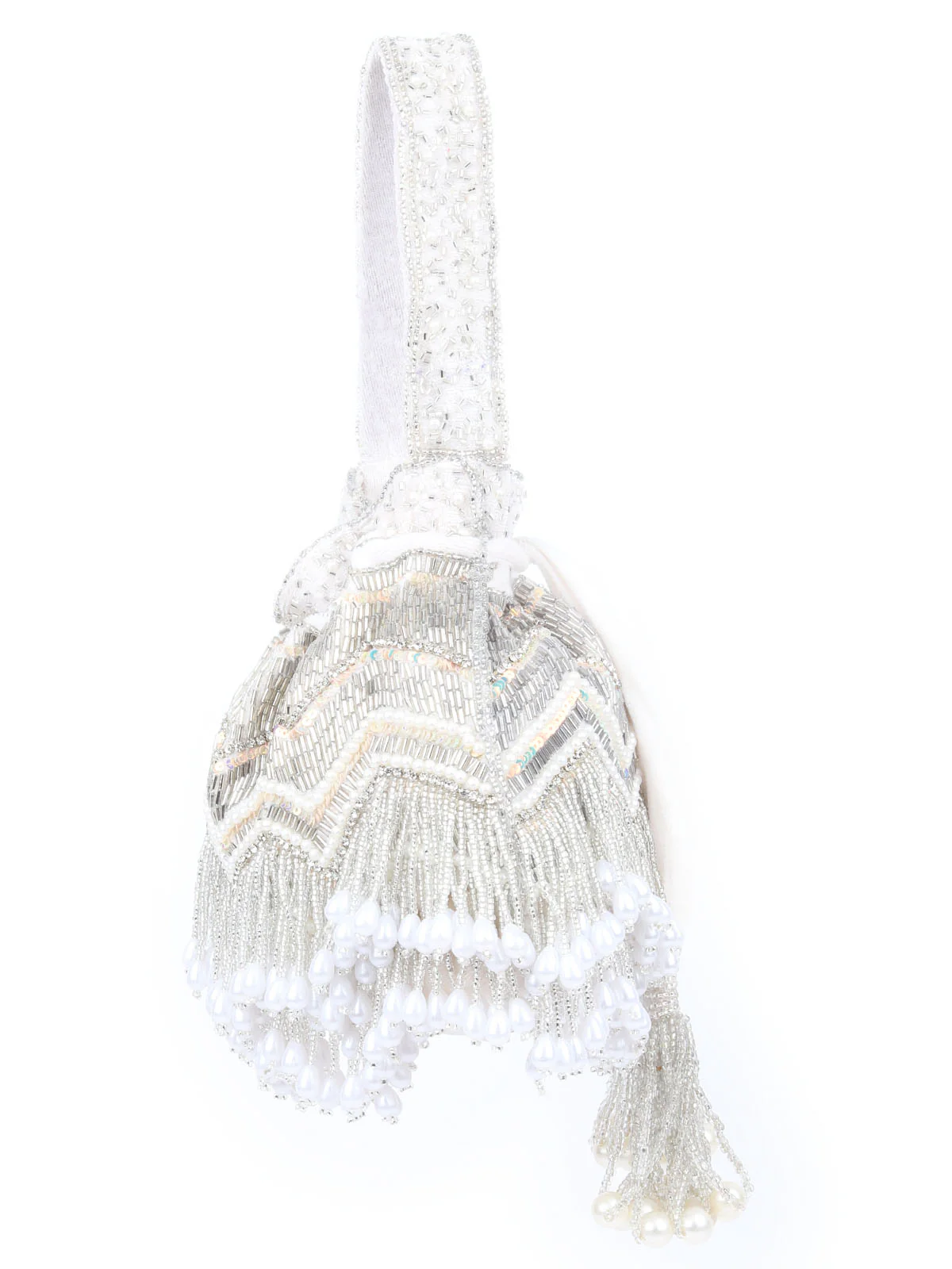 Odette Silver Velvet In-Depth With Cutdana And Beard, Tassels Work Potli For Women - Image 4