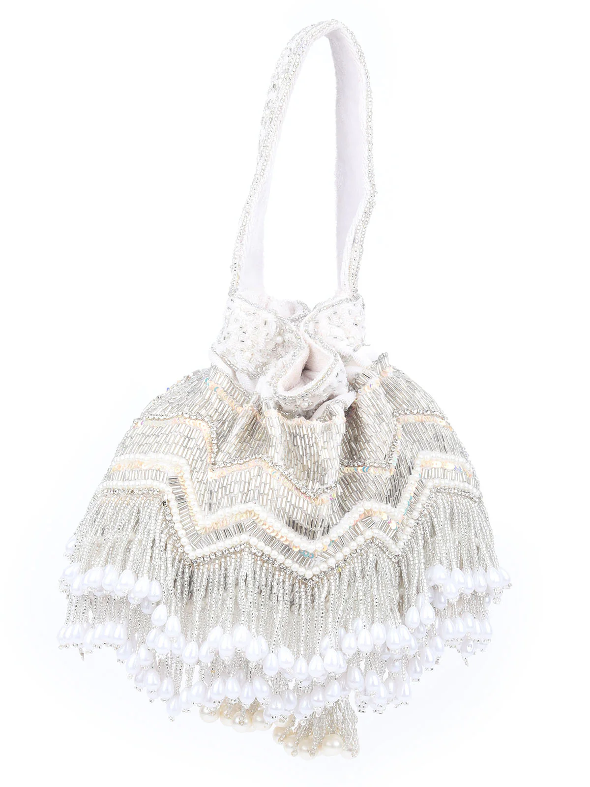 Odette Silver Velvet In-Depth With Cutdana And Beard, Tassels Work Potli For Women - Image 5