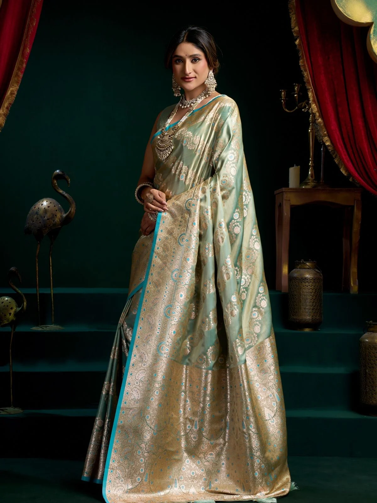 Odette Sky Blue and Gold Silk Blend Woven Saree For Women - Image 2