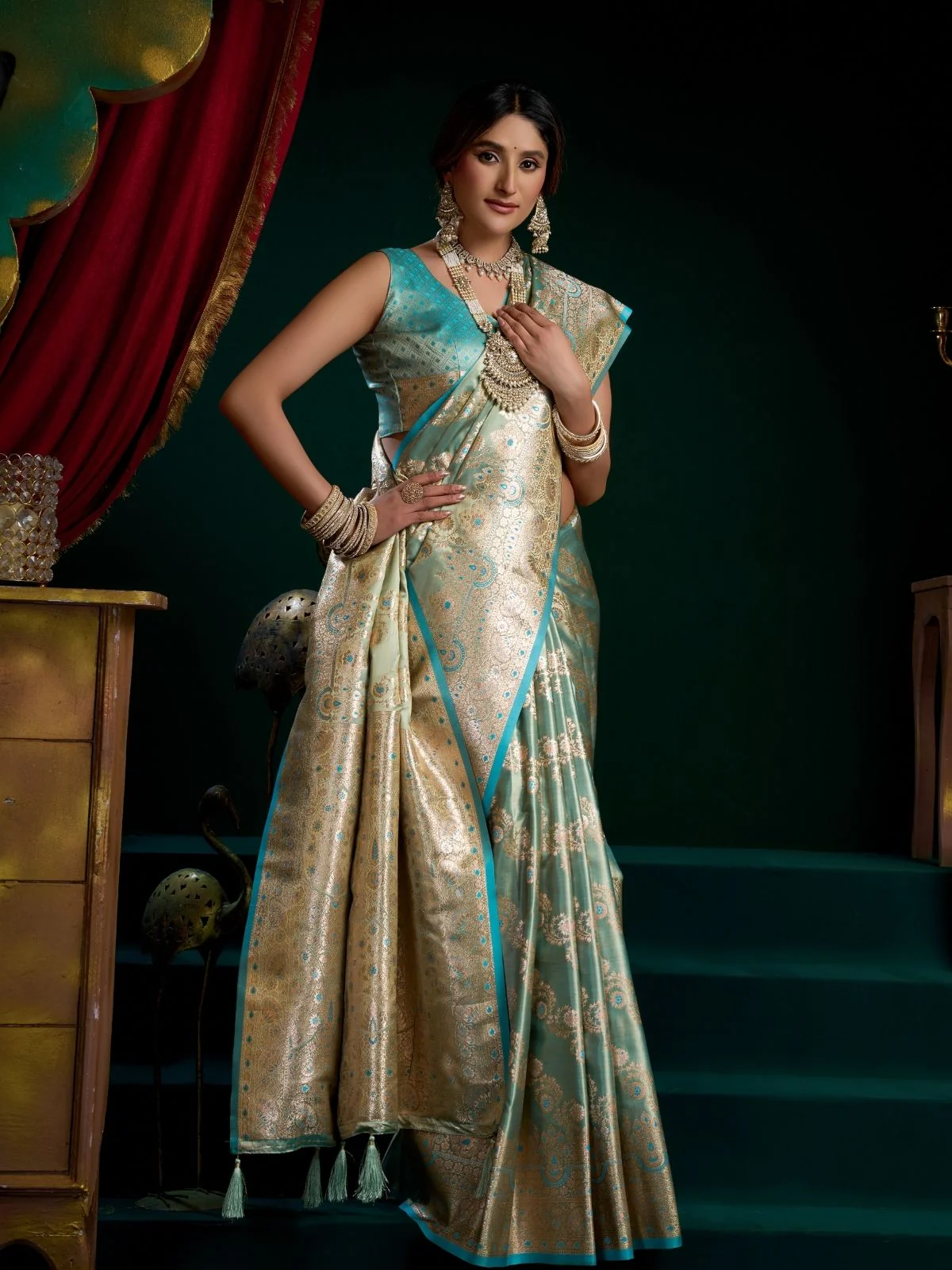 Odette Sky Blue and Gold Silk Blend Woven Saree For Women - Image 3