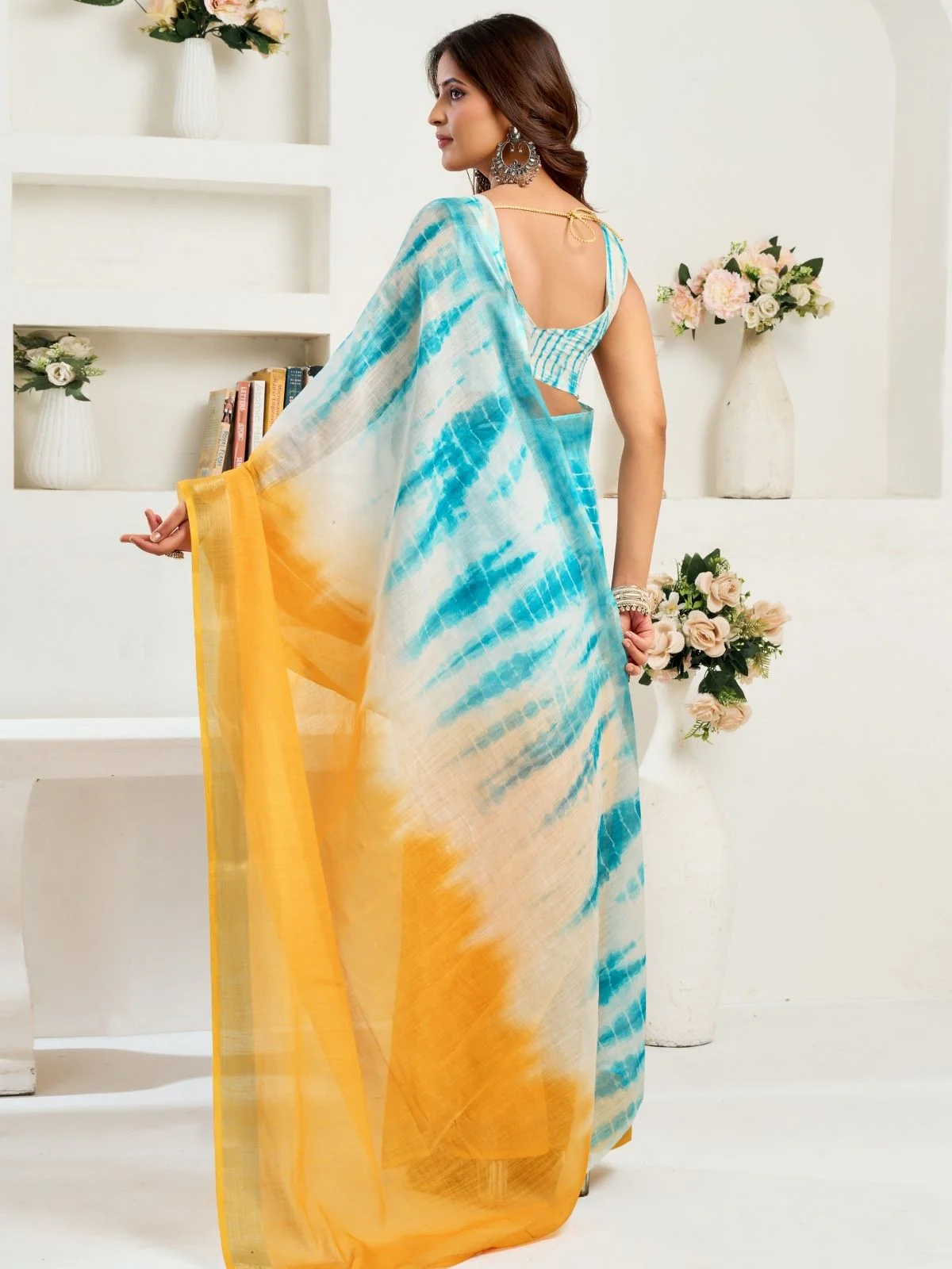 Odette Sky Blue And Orange Cotton Linen Zari Work Saree For Women - Image 4