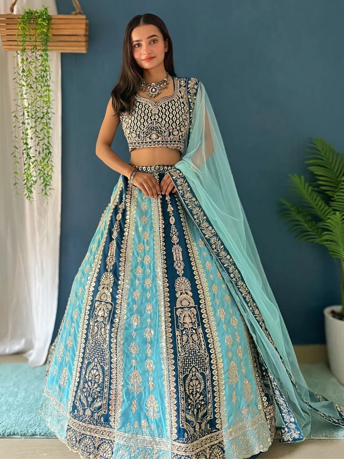 Odette Sky Blue And Teal Georgette Embroidered Semi-Stitched lehenga For Women - Image 2