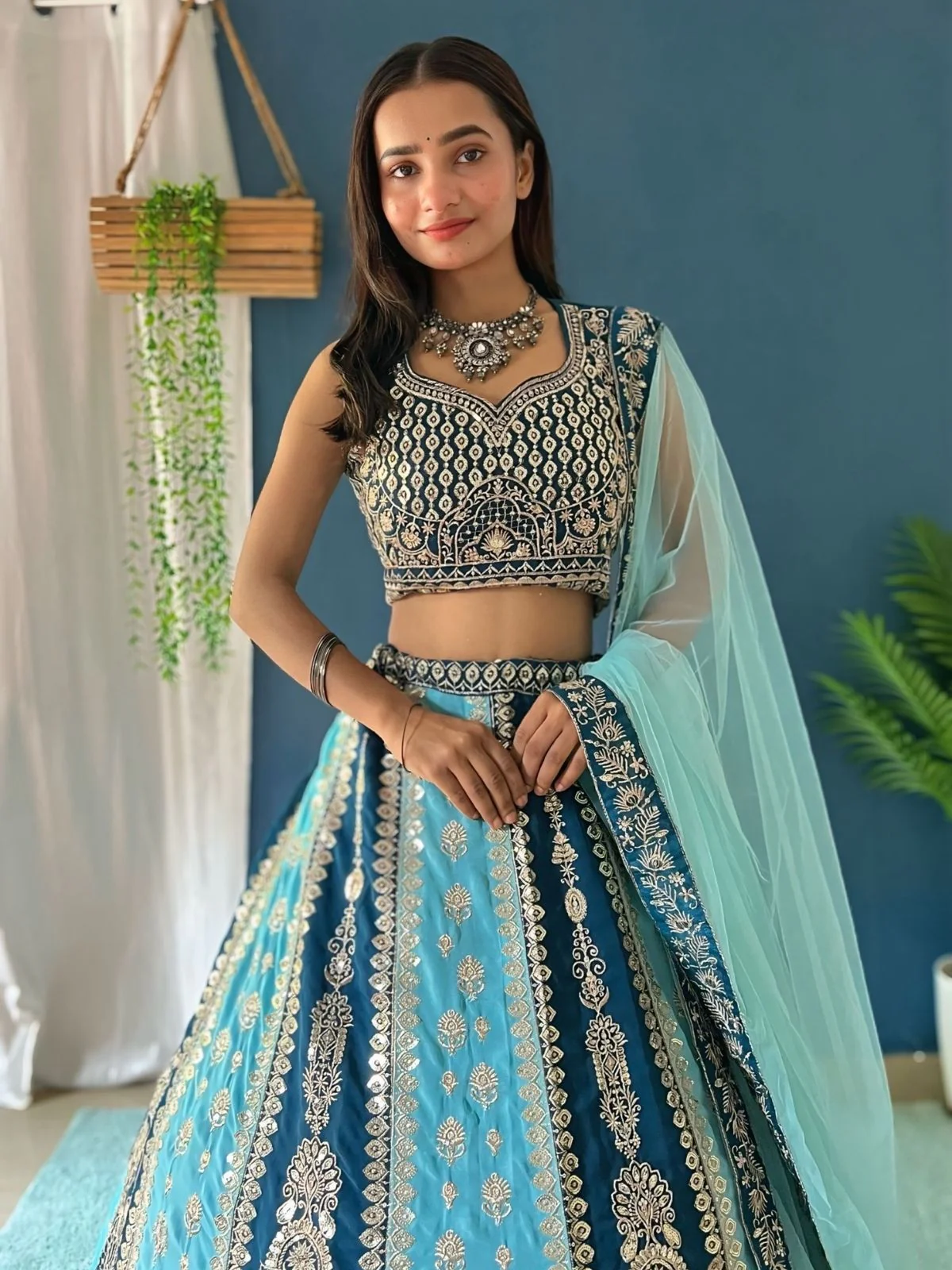 Odette Sky Blue And Teal Georgette Embroidered Semi-Stitched lehenga For Women - Image 3