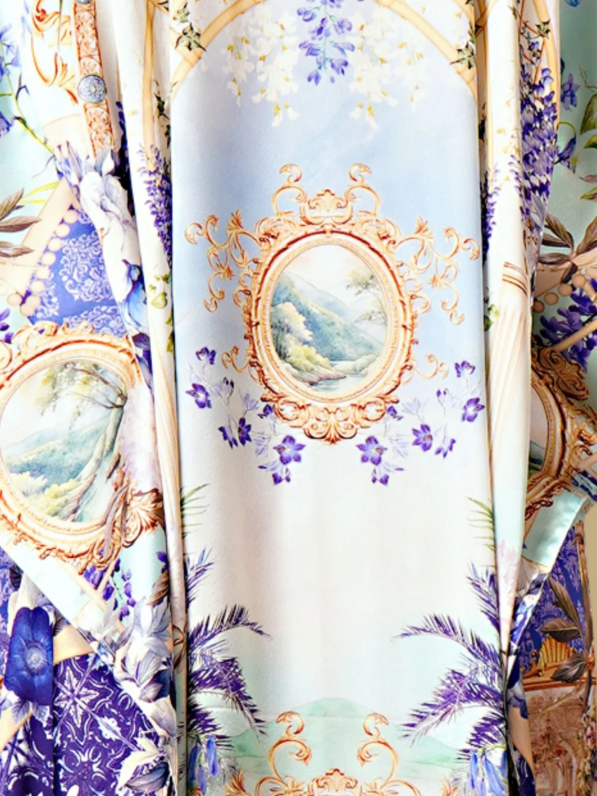 Odette Sky Blue And Violet Satin Printed Kaftan For Women - Image 5