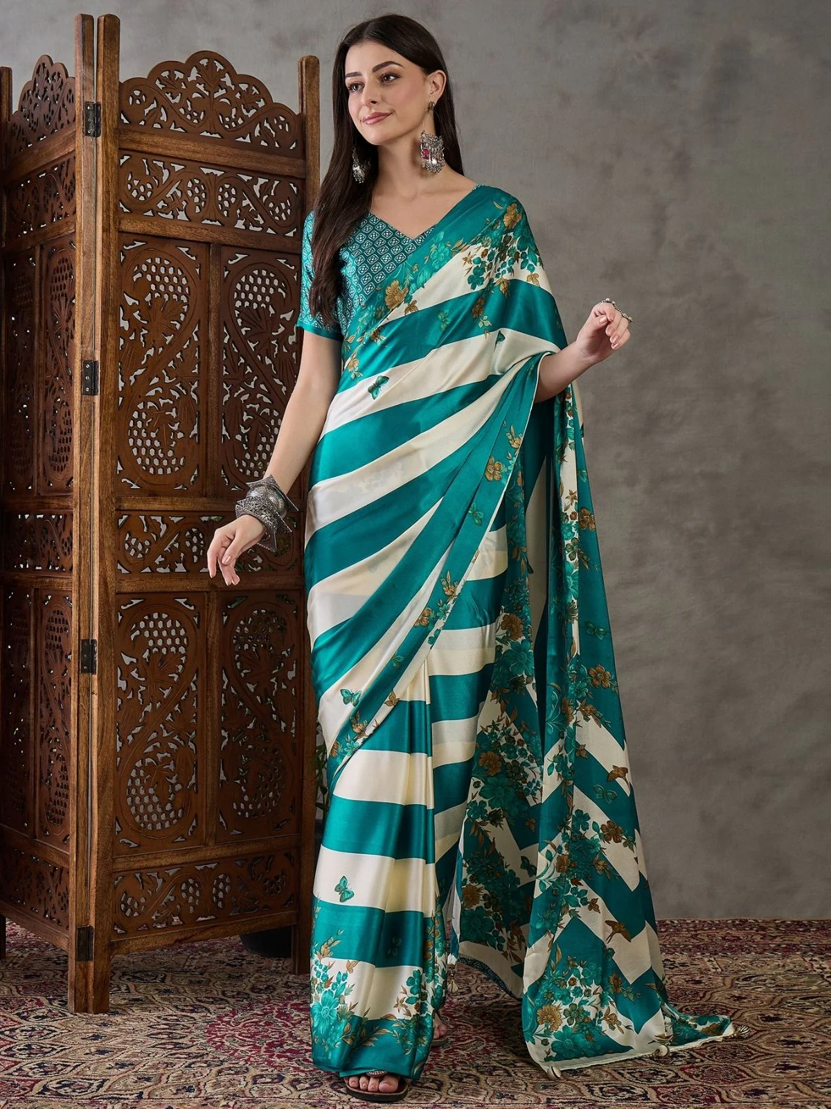 Odette Sky Blue And White Silk Blend Printed Elegant Saree For Women