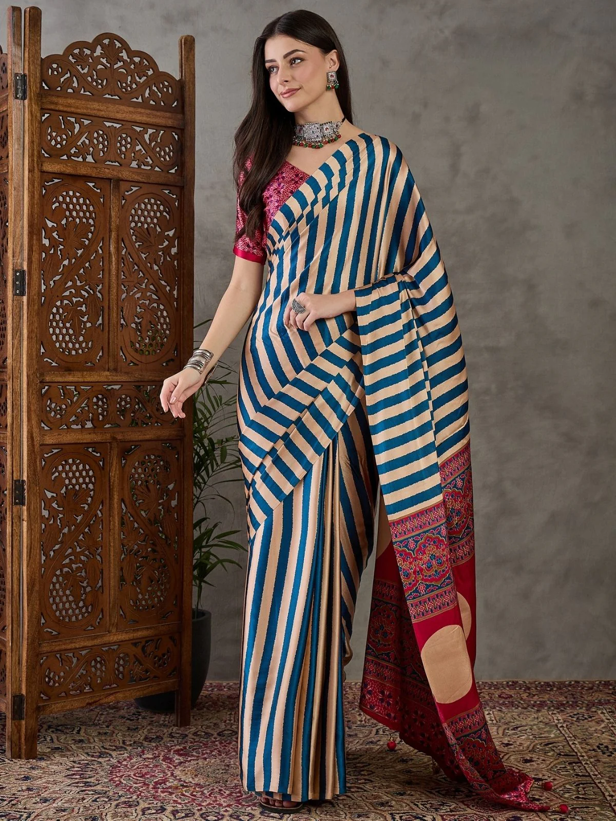 Odette Sky Blue And White Silk Blend Printed Elegant Saree For Women