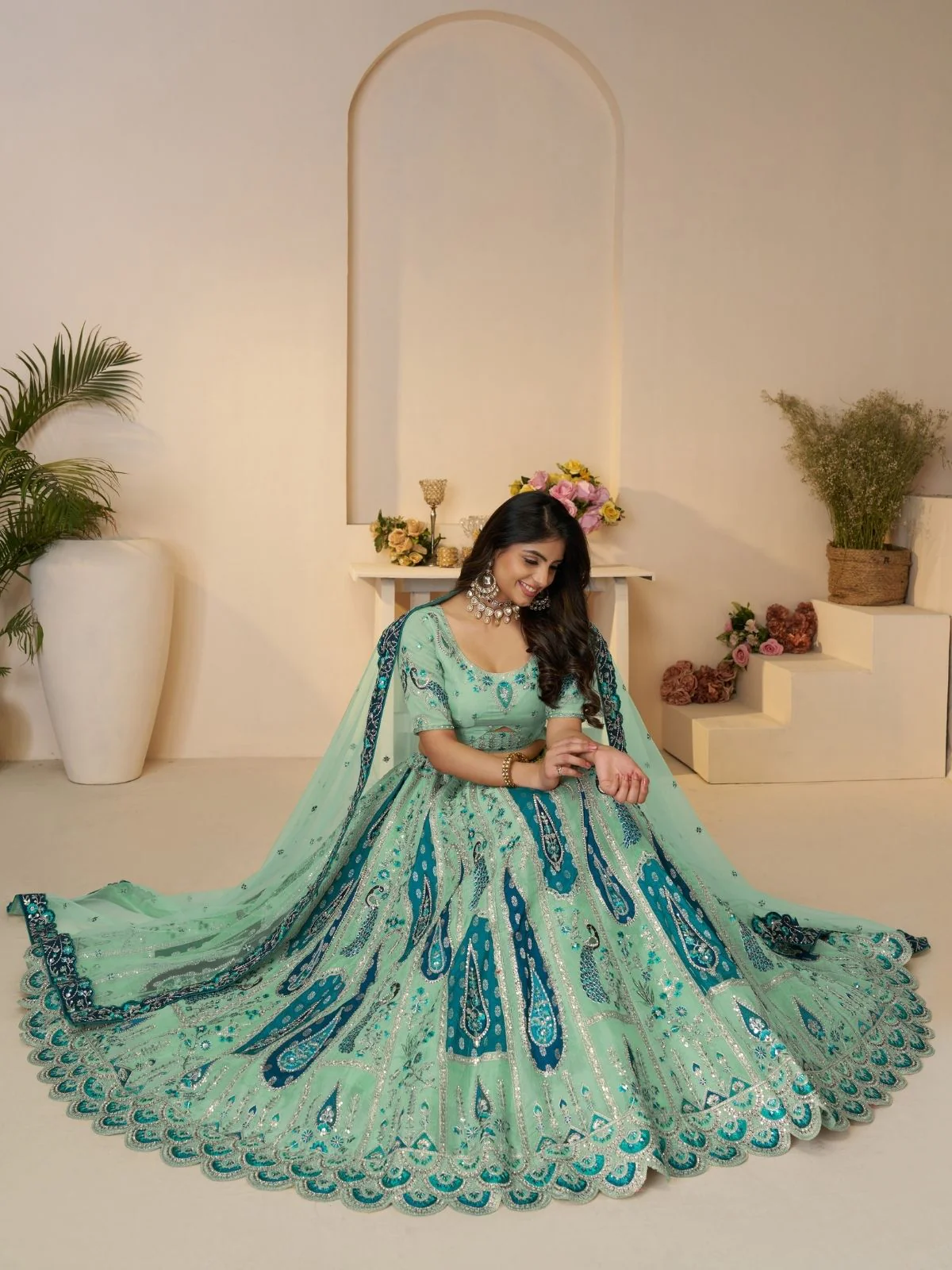 Odette Sky Blue Banarasi Silk Embroidered Semi-Stitched Lehenga For Women - Image 2