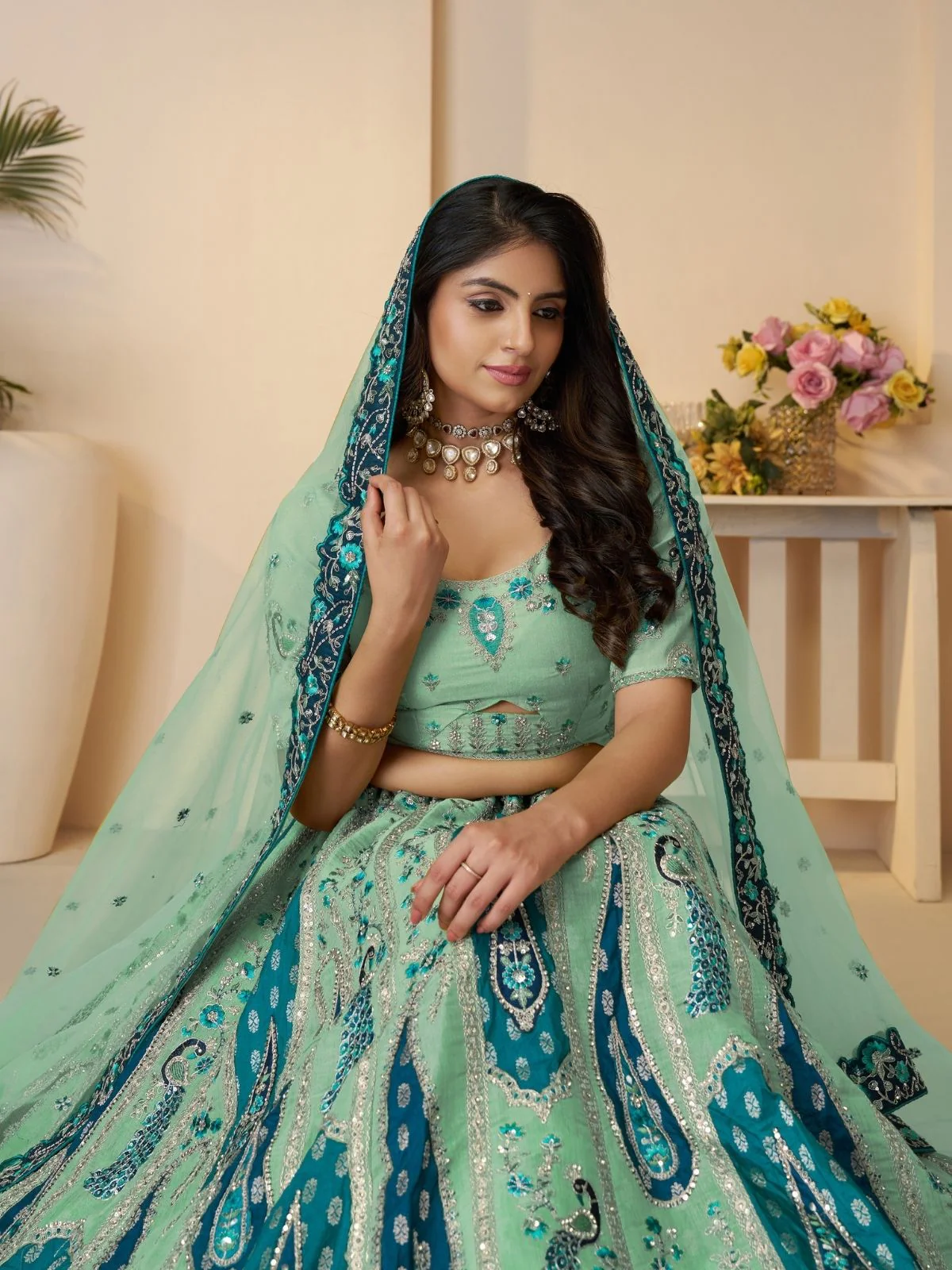 Odette Sky Blue Banarasi Silk Embroidered Semi-Stitched Lehenga For Women - Image 3