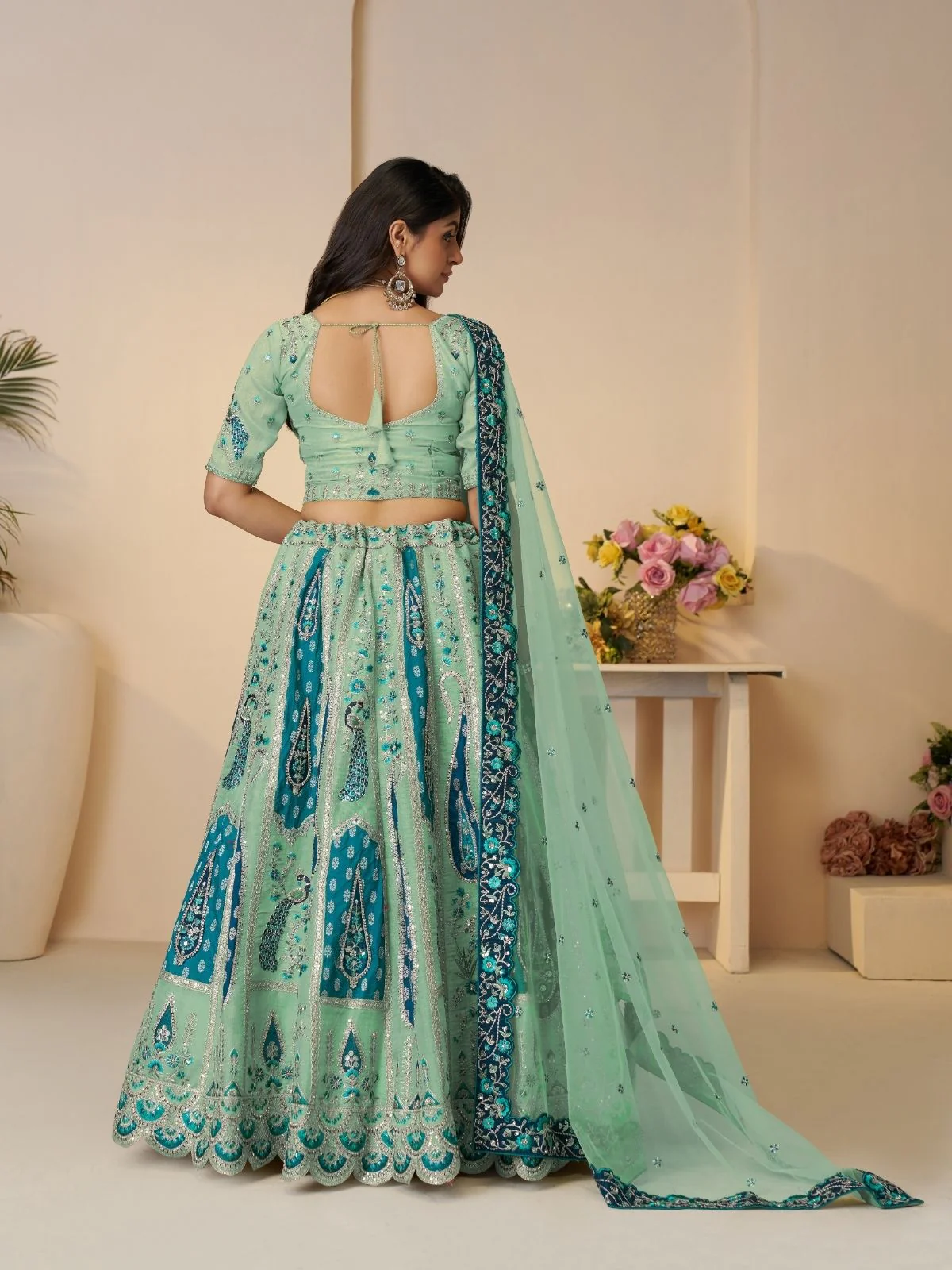 Odette Sky Blue Banarasi Silk Embroidered Semi-Stitched Lehenga For Women - Image 4