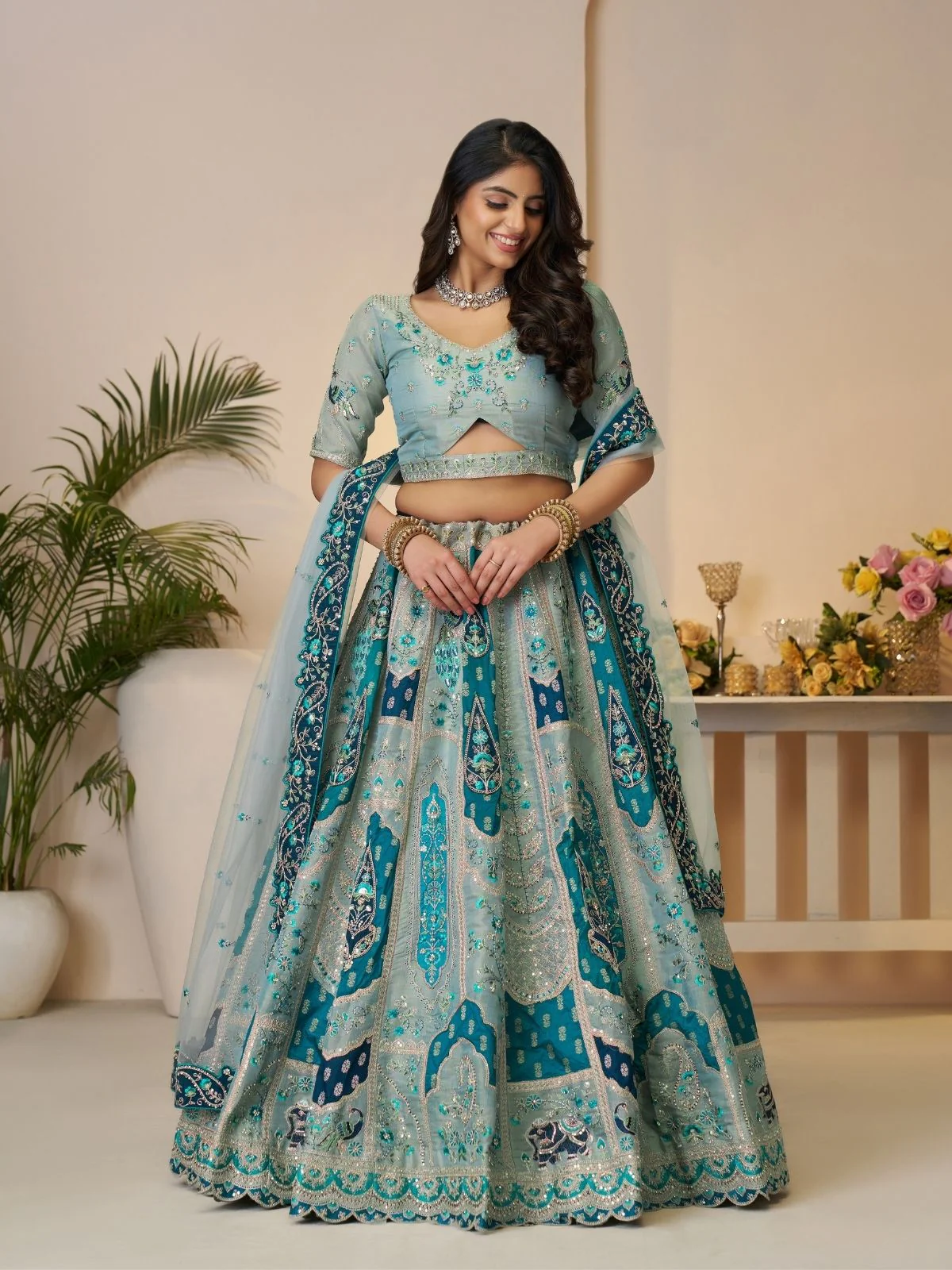Odette Sky Blue Banarasi Silk Embroidered Semi-Stitched Lehenga For Women