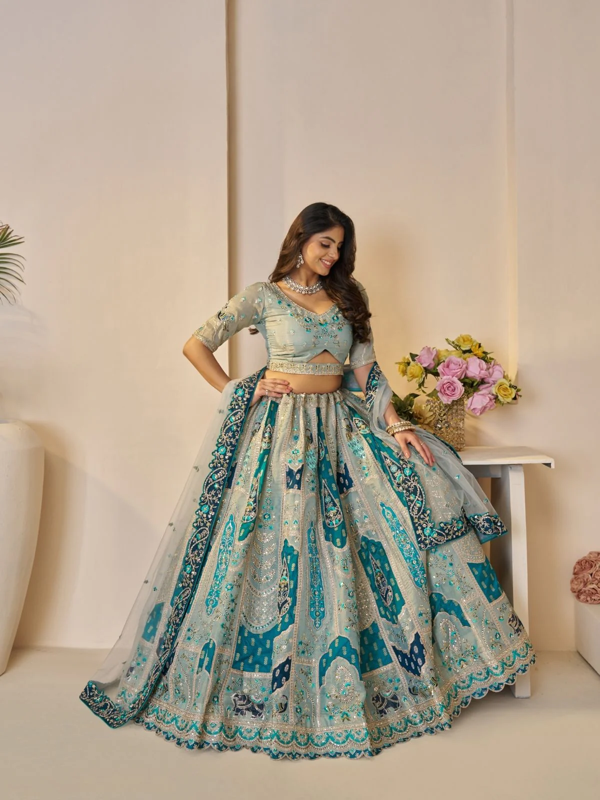 Odette Sky Blue Banarasi Silk Embroidered Semi-Stitched Lehenga For Women - Image 2