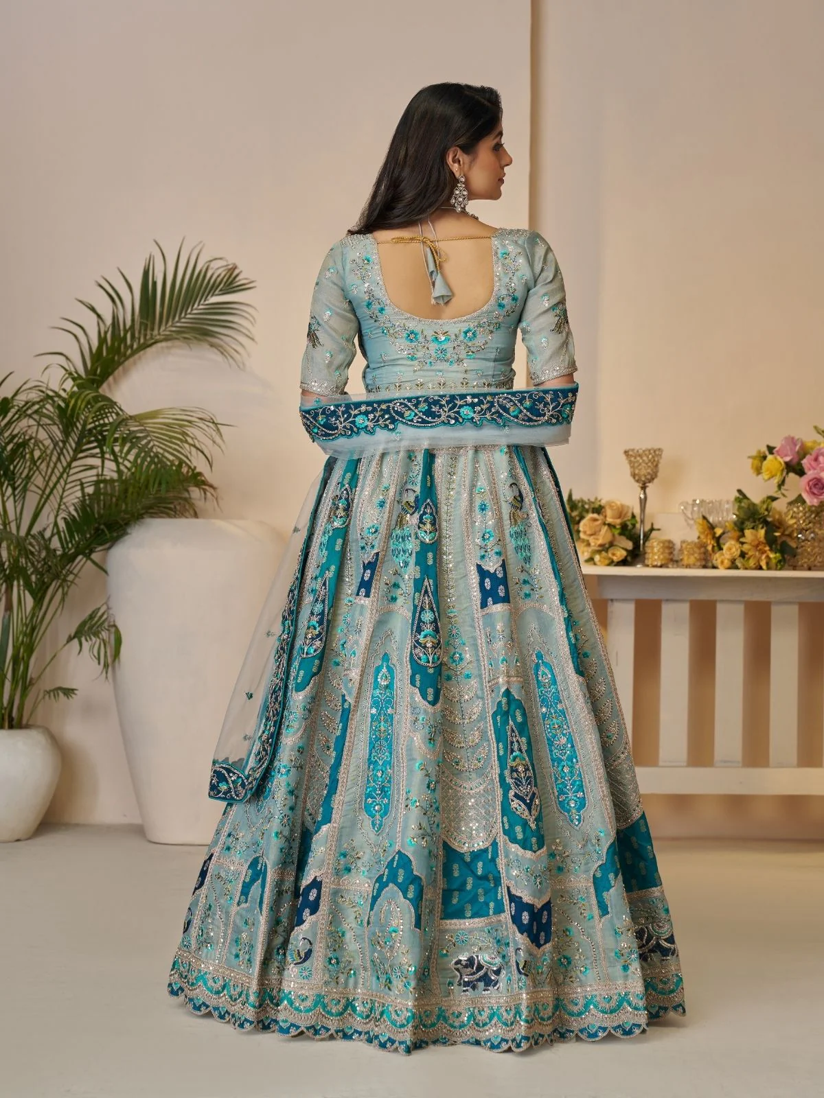 Odette Sky Blue Banarasi Silk Embroidered Semi-Stitched Lehenga For Women - Image 4