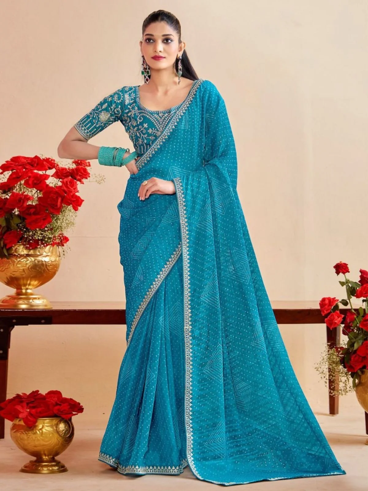 Odette Sky Blue Chiffon Embellished Saree For Women