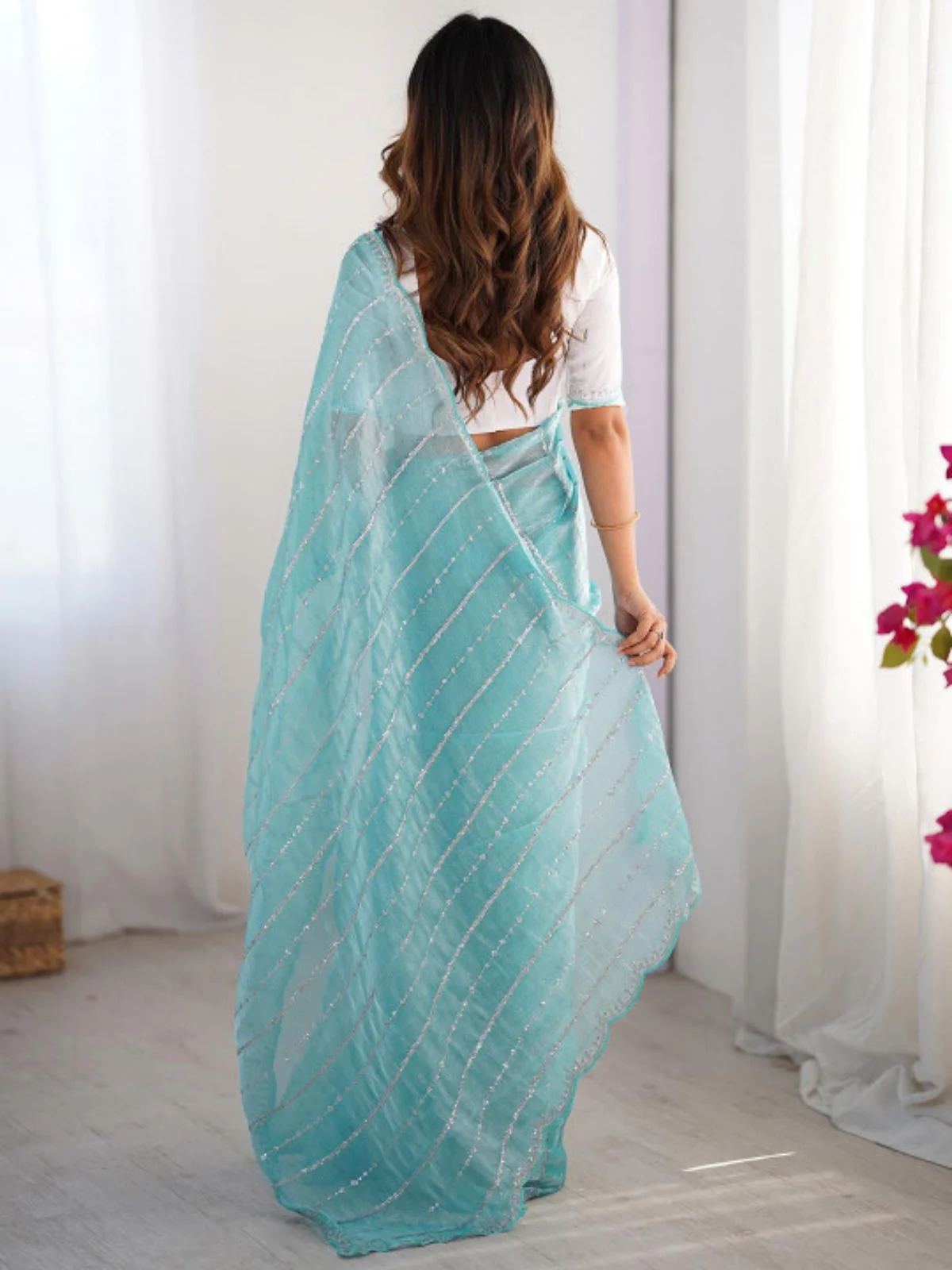Odette Sky Blue Chiffon Embellished Solid Saree For Women - Image 2