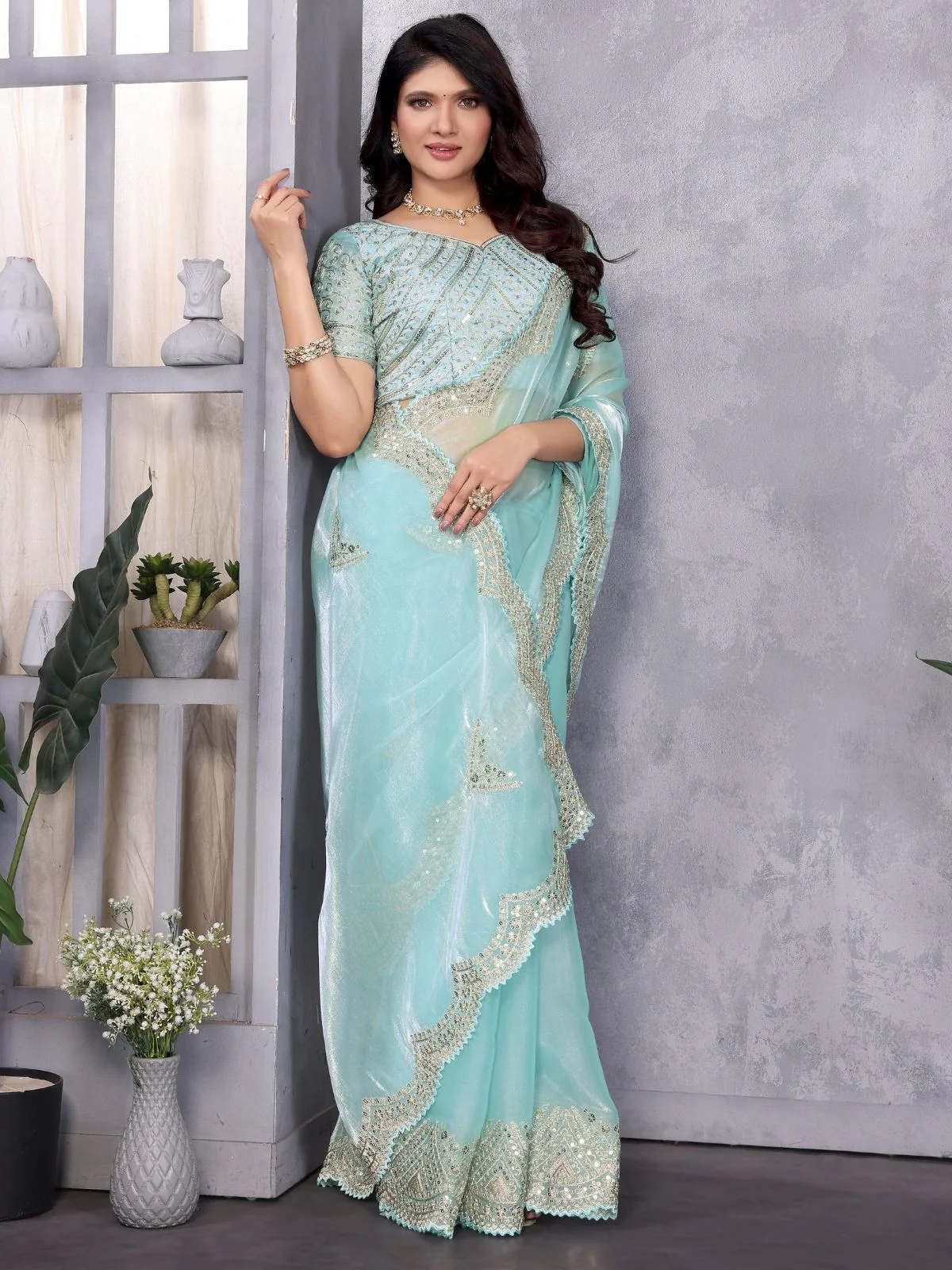 Odette Sky Blue Chiffon Embroidered Saree For Women