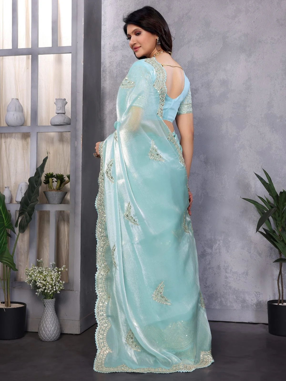 Odette Sky Blue Chiffon Embroidered Saree For Women - Image 2