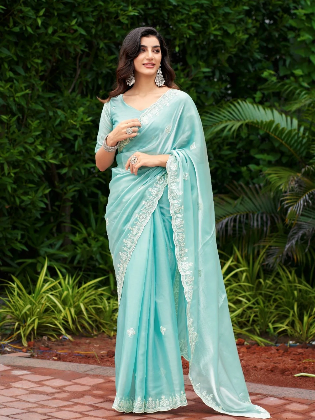 Odette Sky Blue Chiffon Embroidered Saree For Women