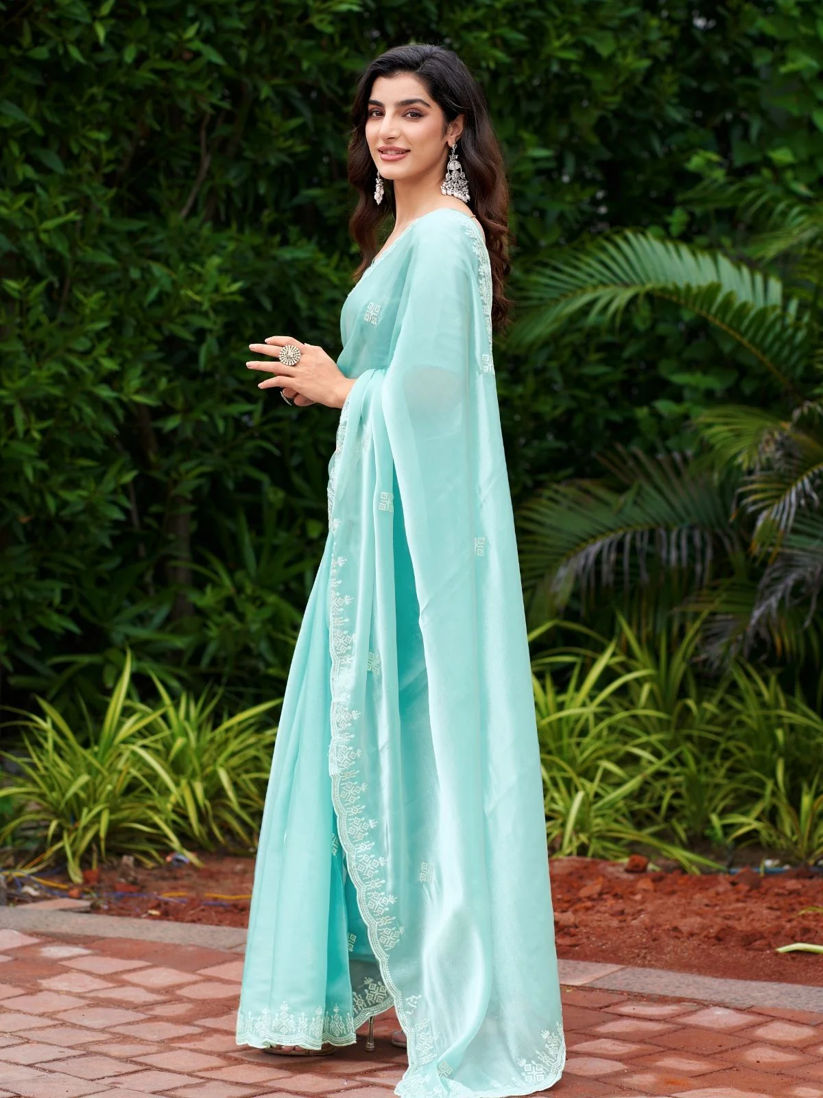 Odette Sky Blue Chiffon Embroidered Saree For Women - Image 3