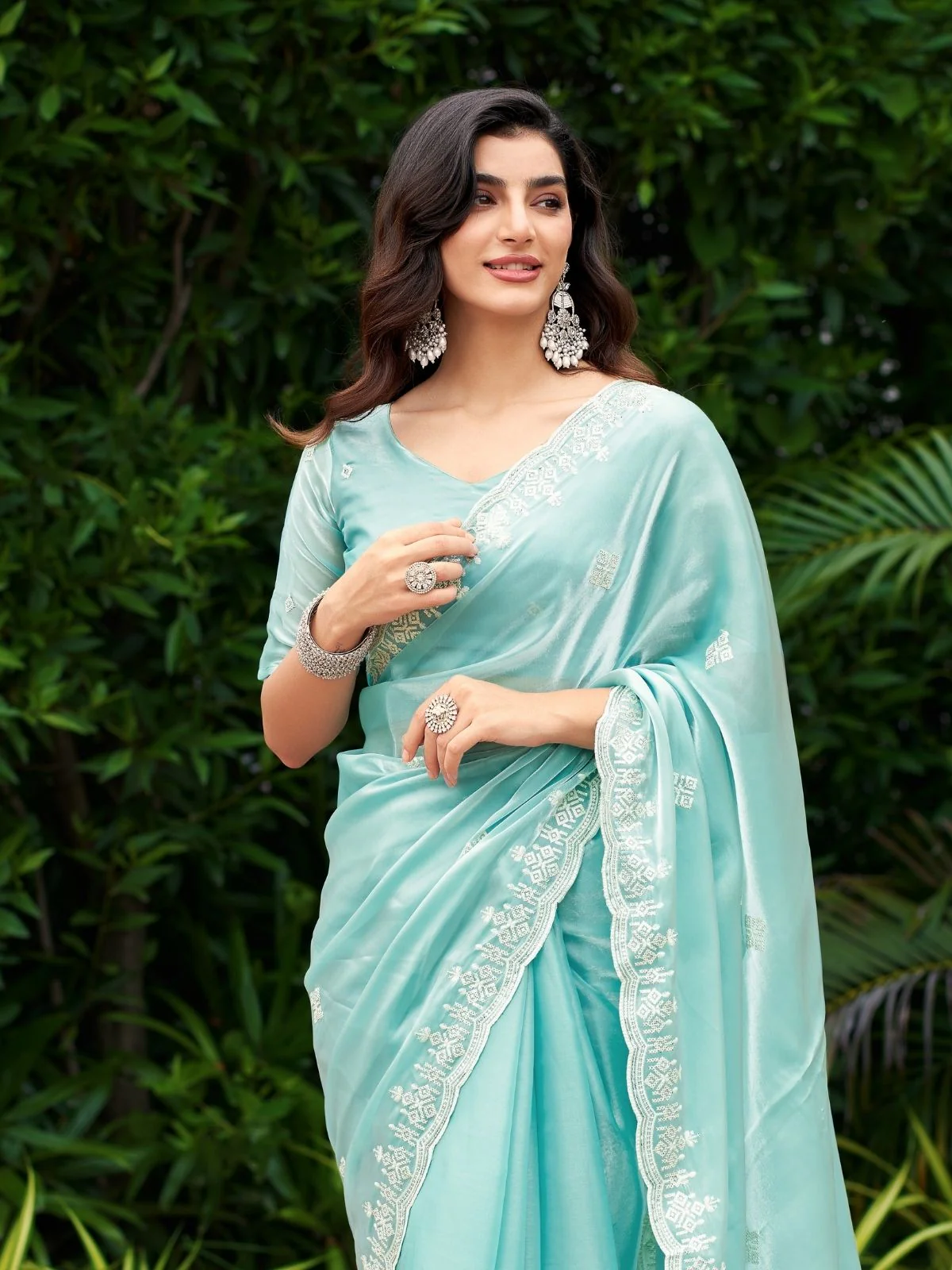Odette Sky Blue Chiffon Embroidered Saree For Women - Image 4