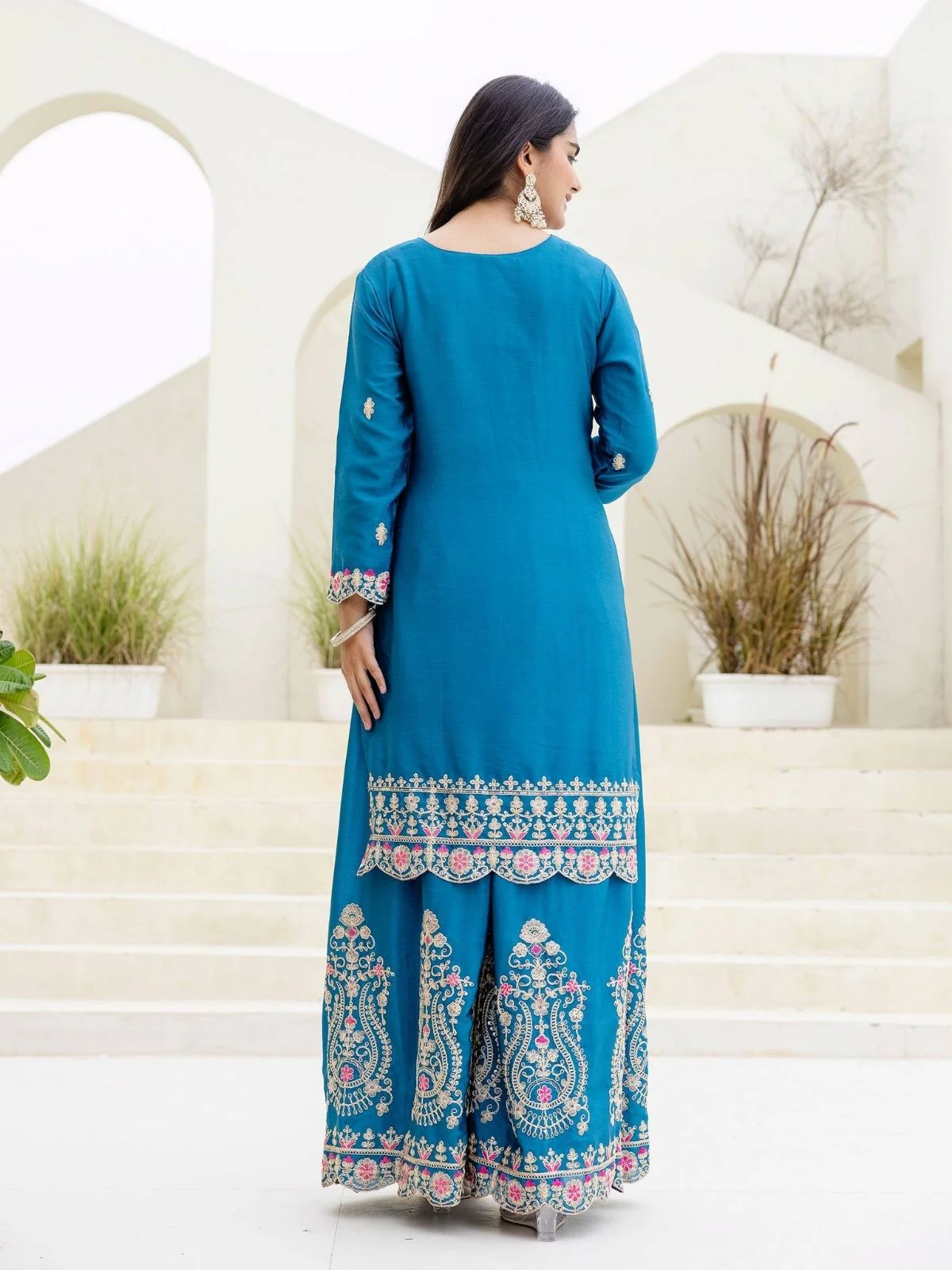 Odette Sky Blue Chiffon Embroidered Stitched Kurta Set For Women - Image 2