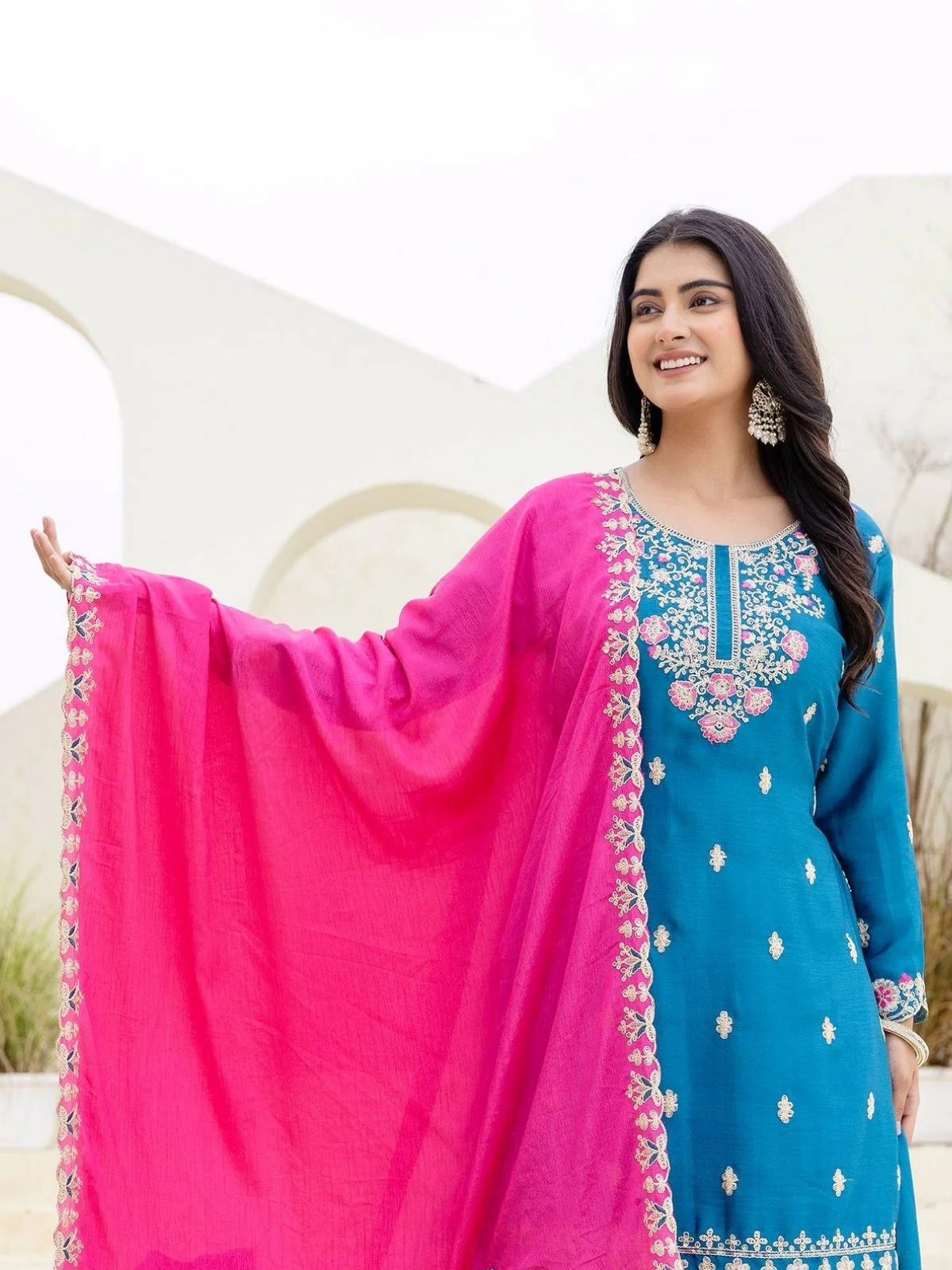 Odette Sky Blue Chiffon Embroidered Stitched Kurta Set For Women - Image 3