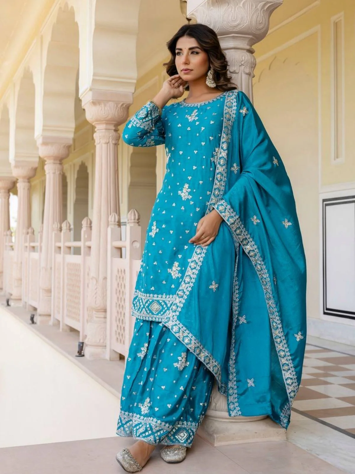 Odette Sky Blue Chiffon Embroidered Stitched Kurta Set For Women - Image 2