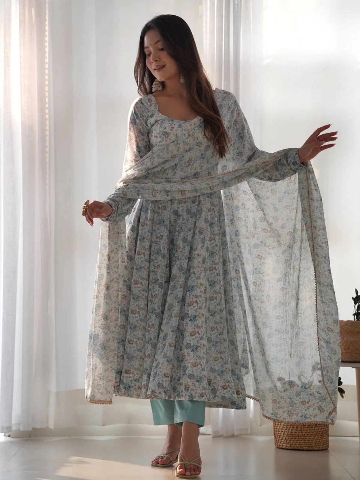 Odette Light  Blue Chiffon Floral Digital Print Stitched Kurta Set For Women - Image 2