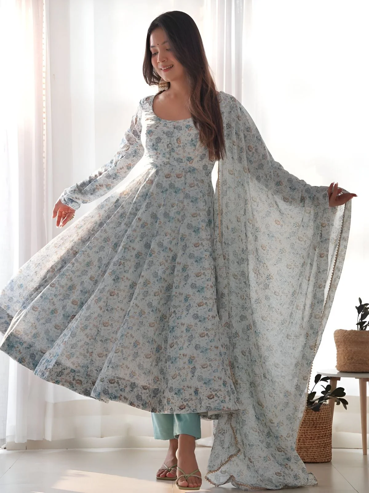 Odette Light  Blue Chiffon Floral Digital Print Stitched Kurta Set For Women - Image 3