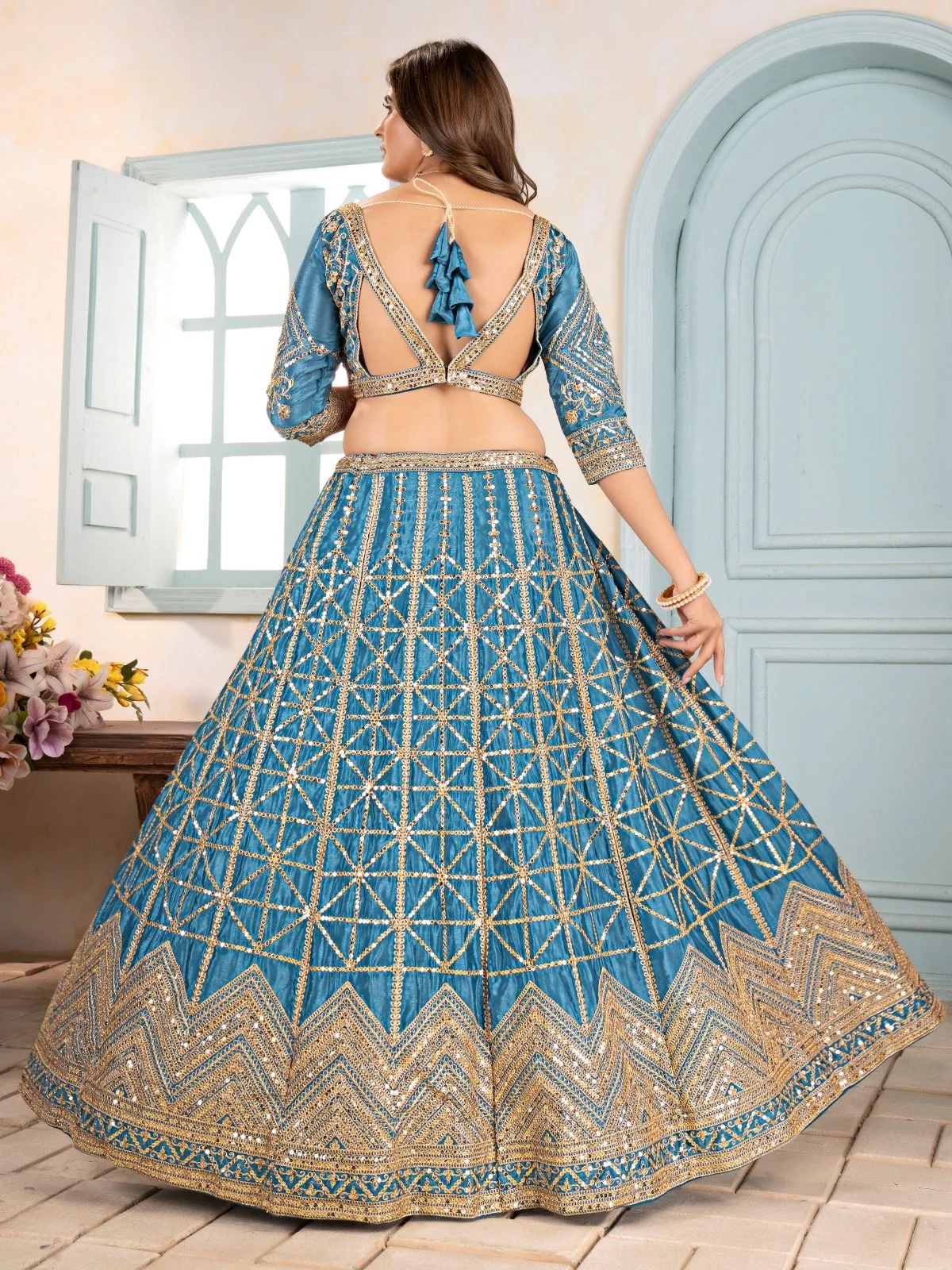 Odette Sky Blue Chinon Embellished Semi Stitched Lehenga For Women - Image 3