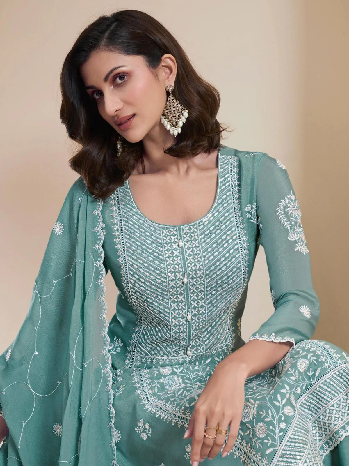 Odette Sky Blue Chinon Embroidered Semi-Stitched Kurta Set For Women - Image 2
