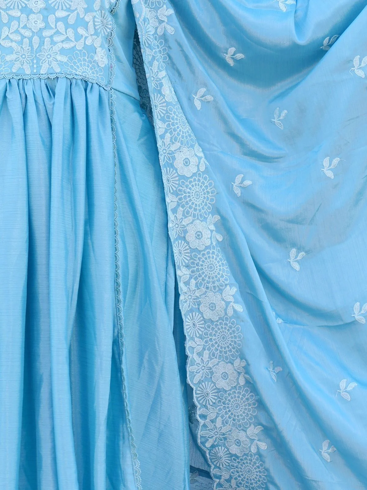 Odette Sky Blue Chinon Embroidered Stitched Kurta Set For Women - Image 5