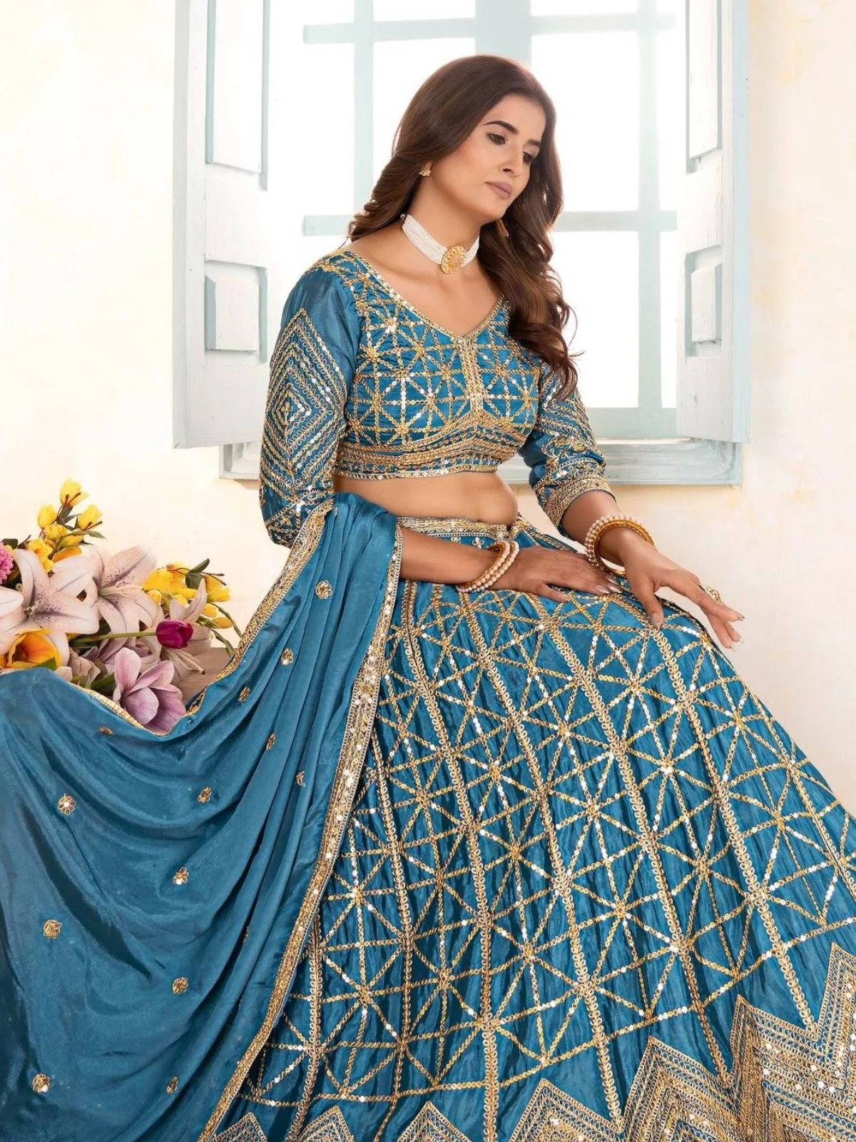 Odette Sky Blue Chinon Sequence Embroidered Semi-Stitched Lehenga For Women - Image 4
