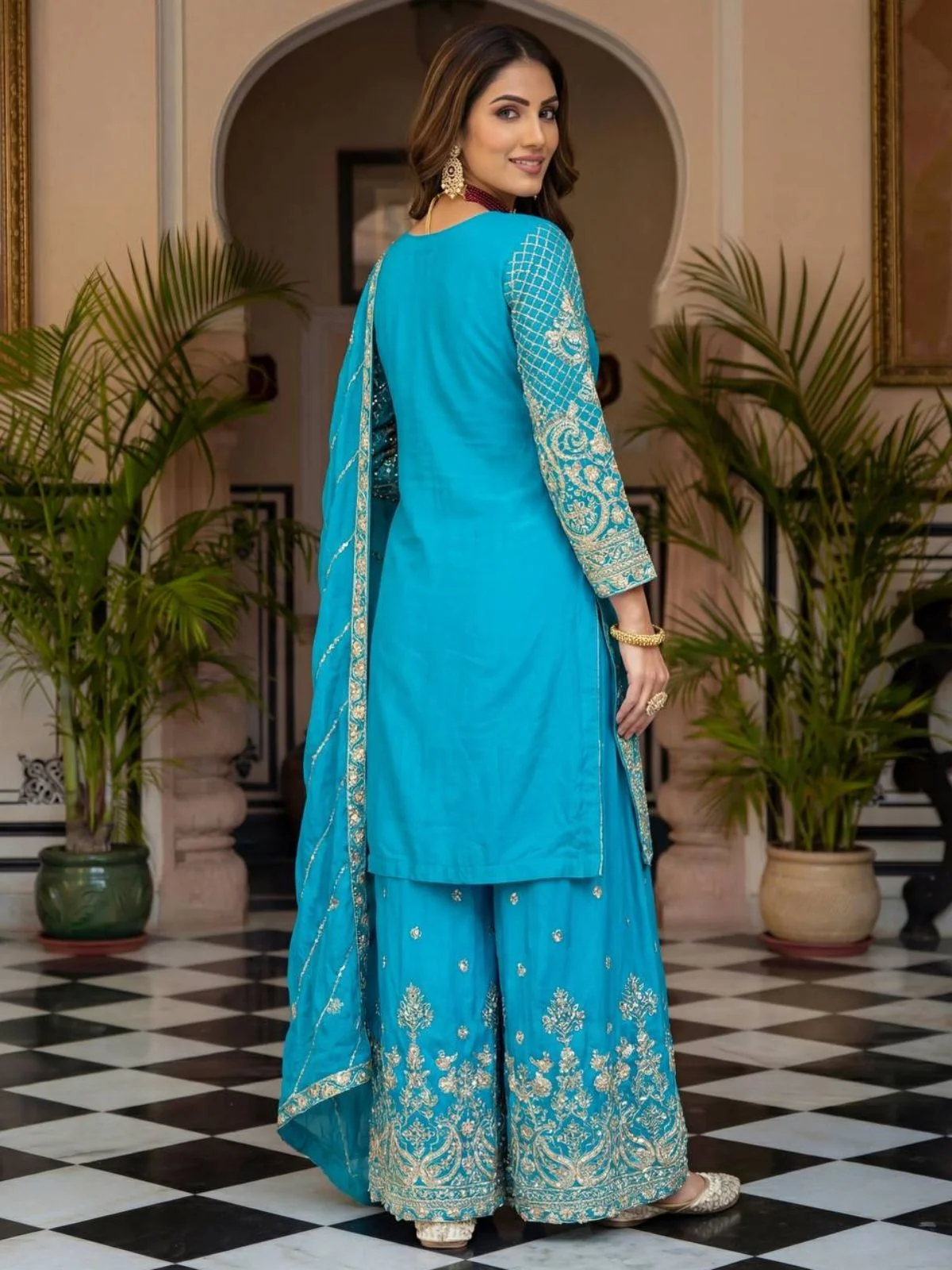 Odette Sky Blue Chinon Solid Stitched Kurta Set For Women - Image 3