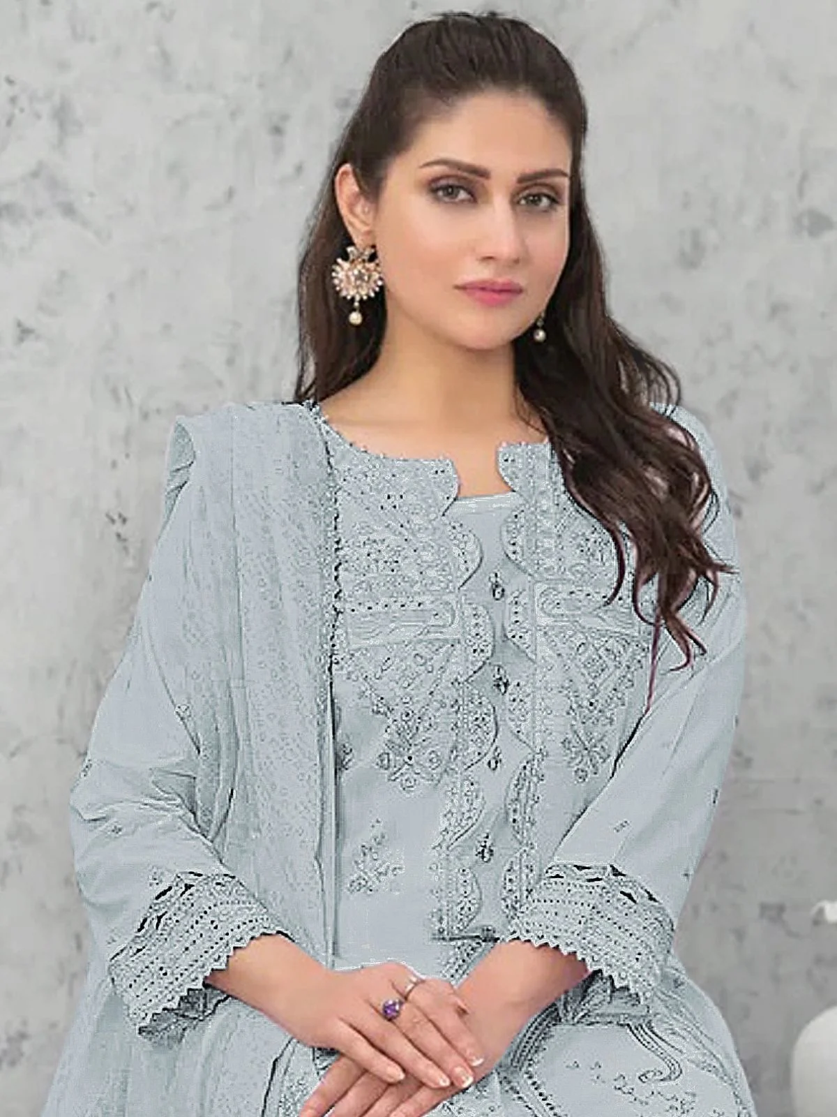 Odette Sky Blue Cotton Blend Embroidered Semi Stitched Kurta Set For Women - Image 2