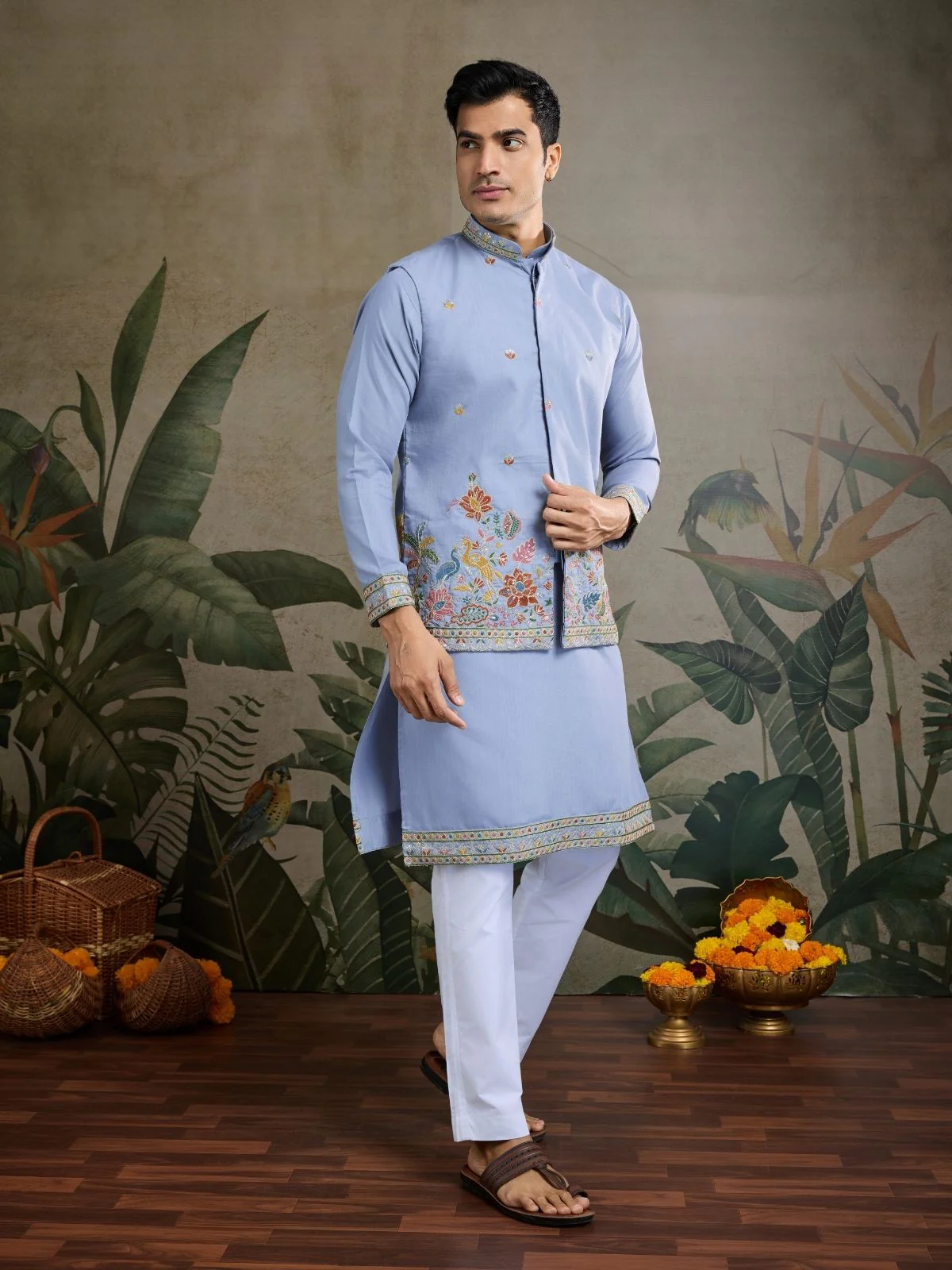 Odette Sky Blue Cotton Blend Embroidered Stitched Kurta For Men - Image 2
