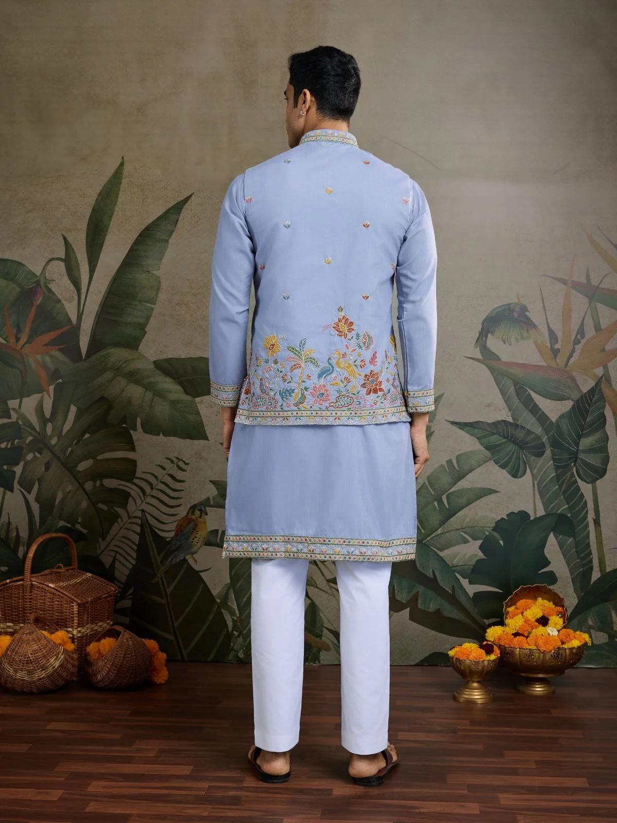 Odette Sky Blue Cotton Blend Embroidered Stitched Kurta For Men - Image 4