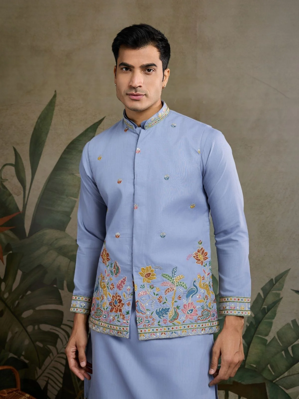 Odette Sky Blue Cotton Blend Embroidered Stitched Kurta For Men - Image 5