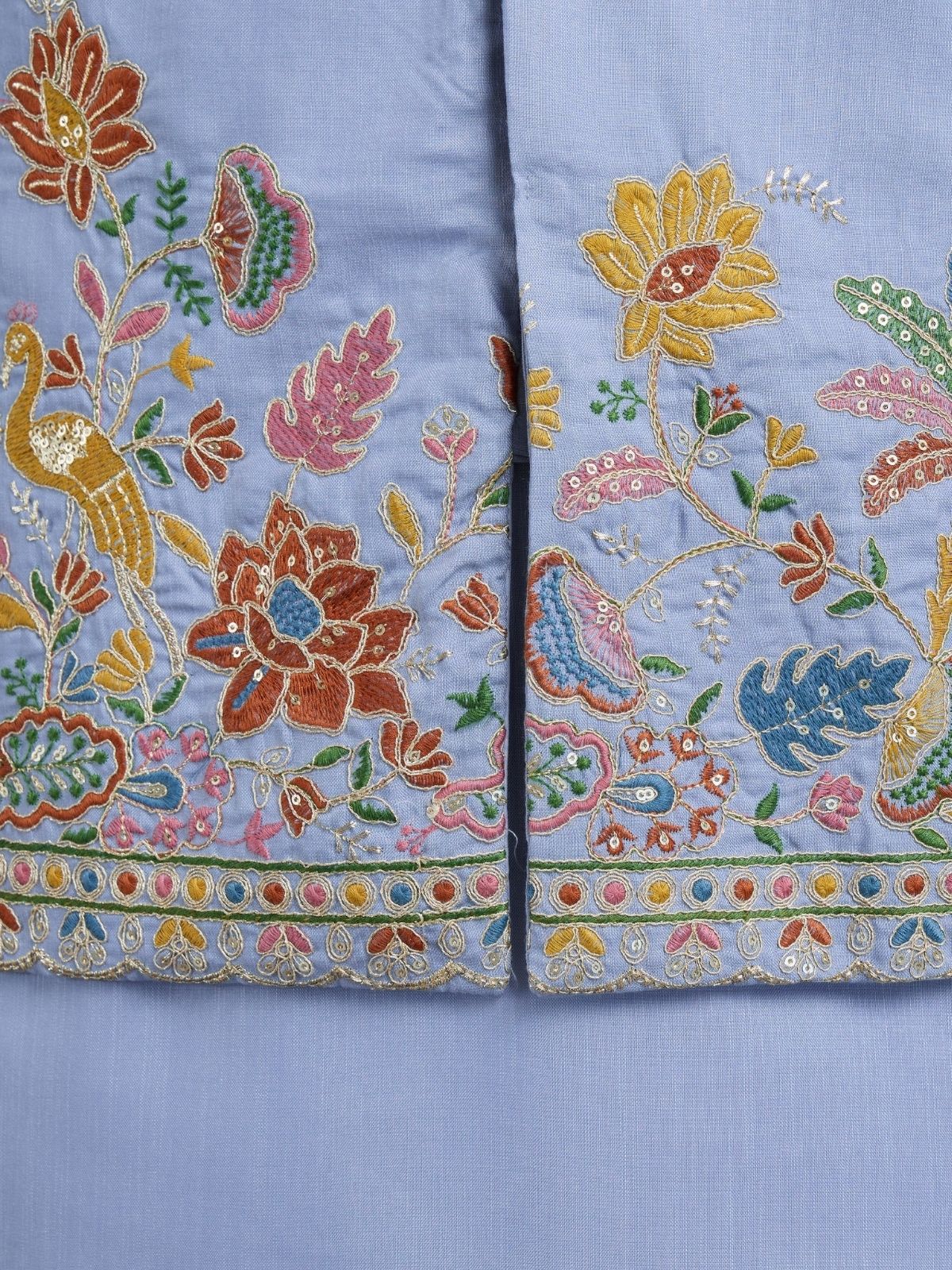 Odette Sky Blue Cotton Blend Embroidered Stitched Kurta For Men - Image 6