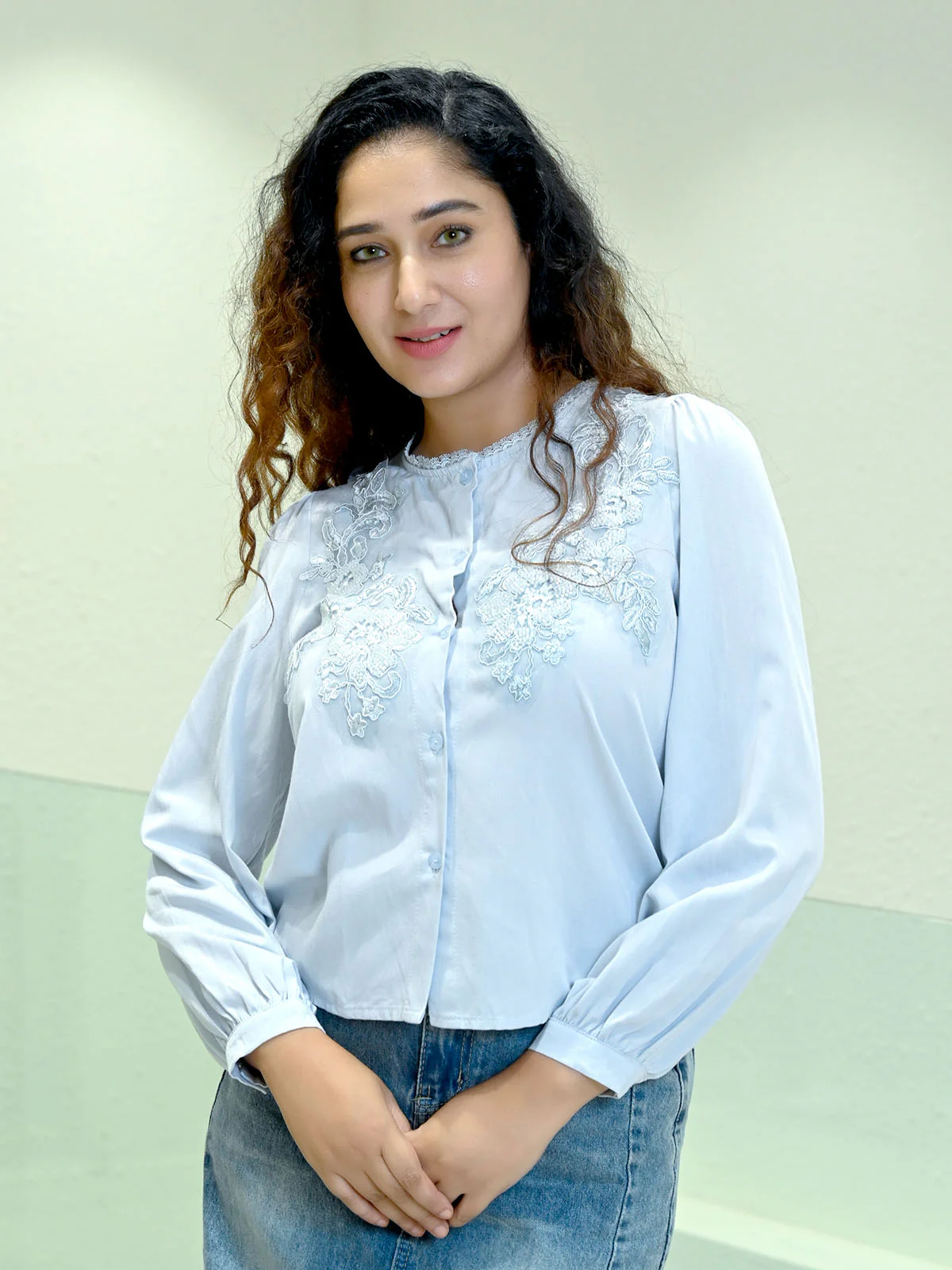 Odette Sky Blue Cotton Blend Solid Top For Women