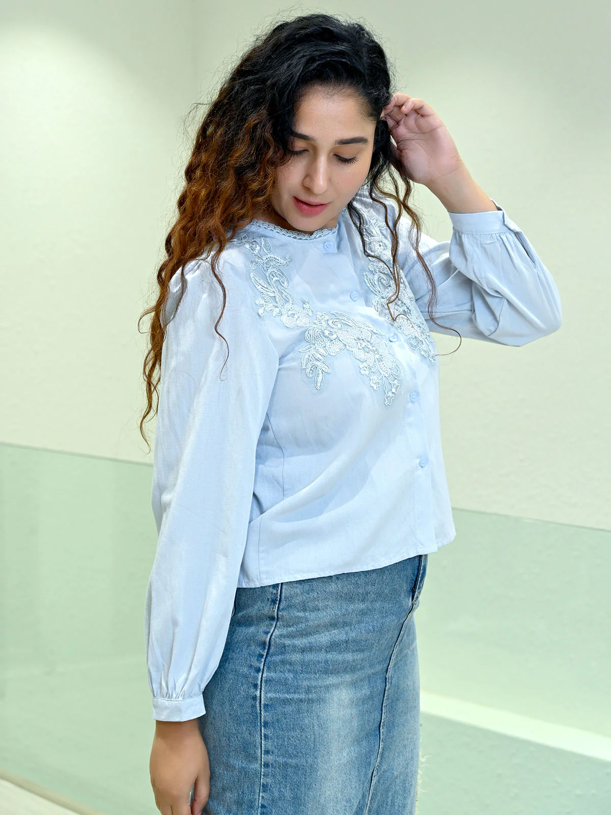 Odette Sky Blue Cotton Blend Solid Top For Women - Image 2