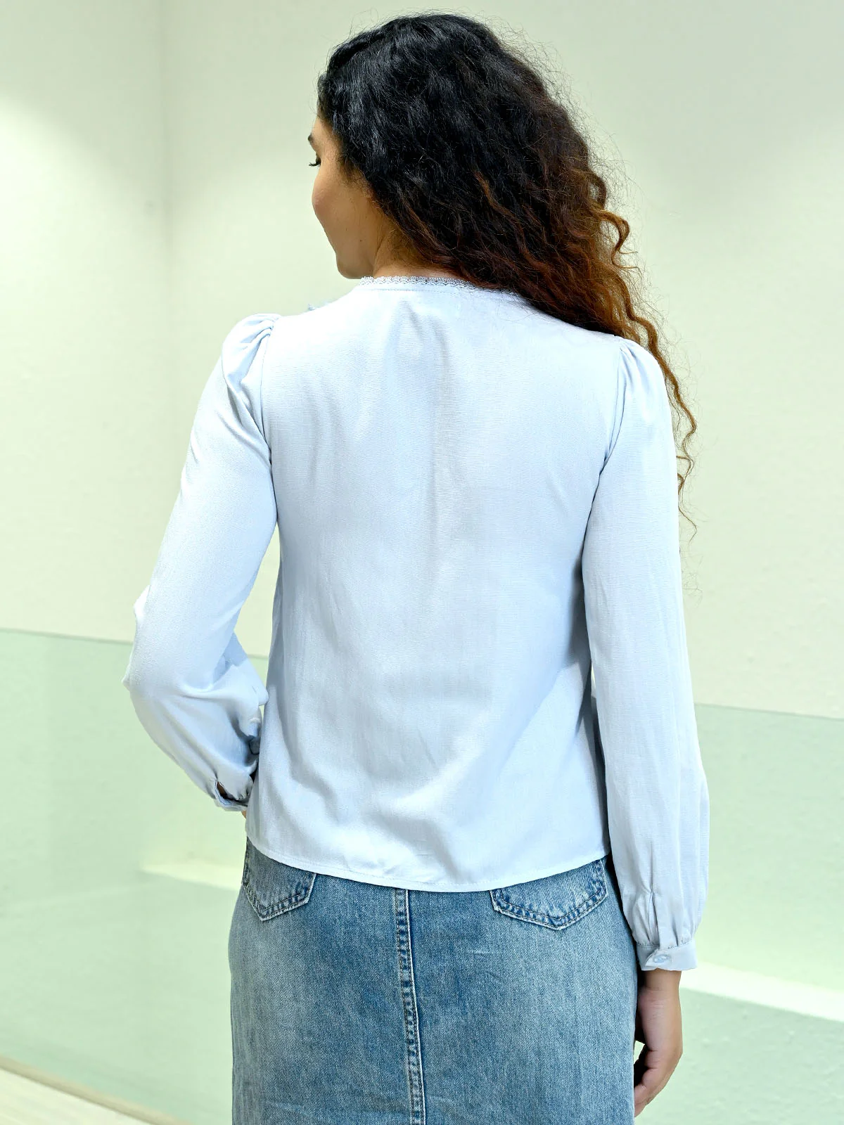Odette Sky Blue Cotton Blend Solid Top For Women - Image 3