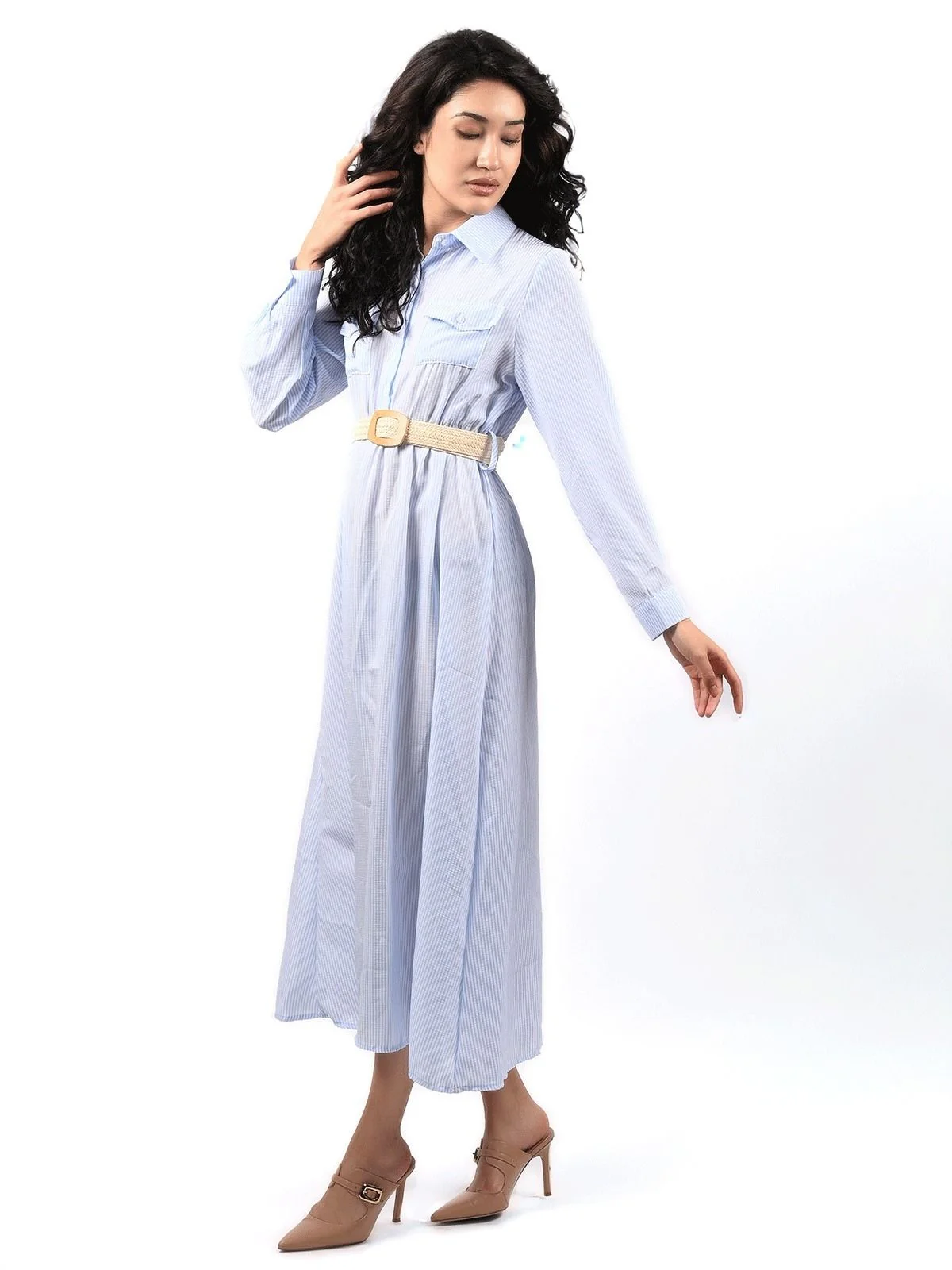 Odette Sky Blue Cotton Linen Striped Dress For Women - Image 2